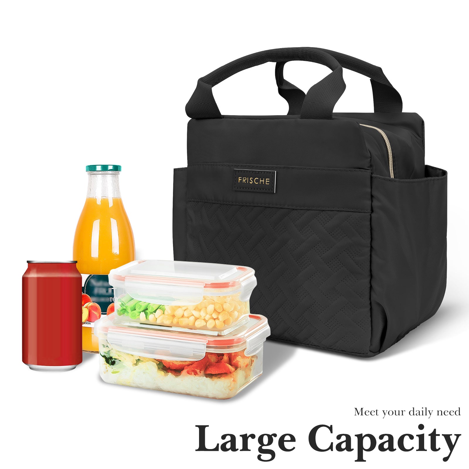 Linkidea Lunch Bag for Women, Large Leak Proof Lunch Tote Cooler, Lunch Tote Bag with Bottle Holder and Side Pockets, Compatible with NatraProw, LOVINA, Caperci (Black)