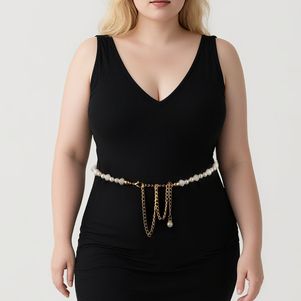 Chain Belt for Women, Gold and White Faux Pearl Waistbands, 31.5-43 Inch Adjustable Body Decorate for Dresses, Party, Casual Wear, Fashion Jewelry Accessory