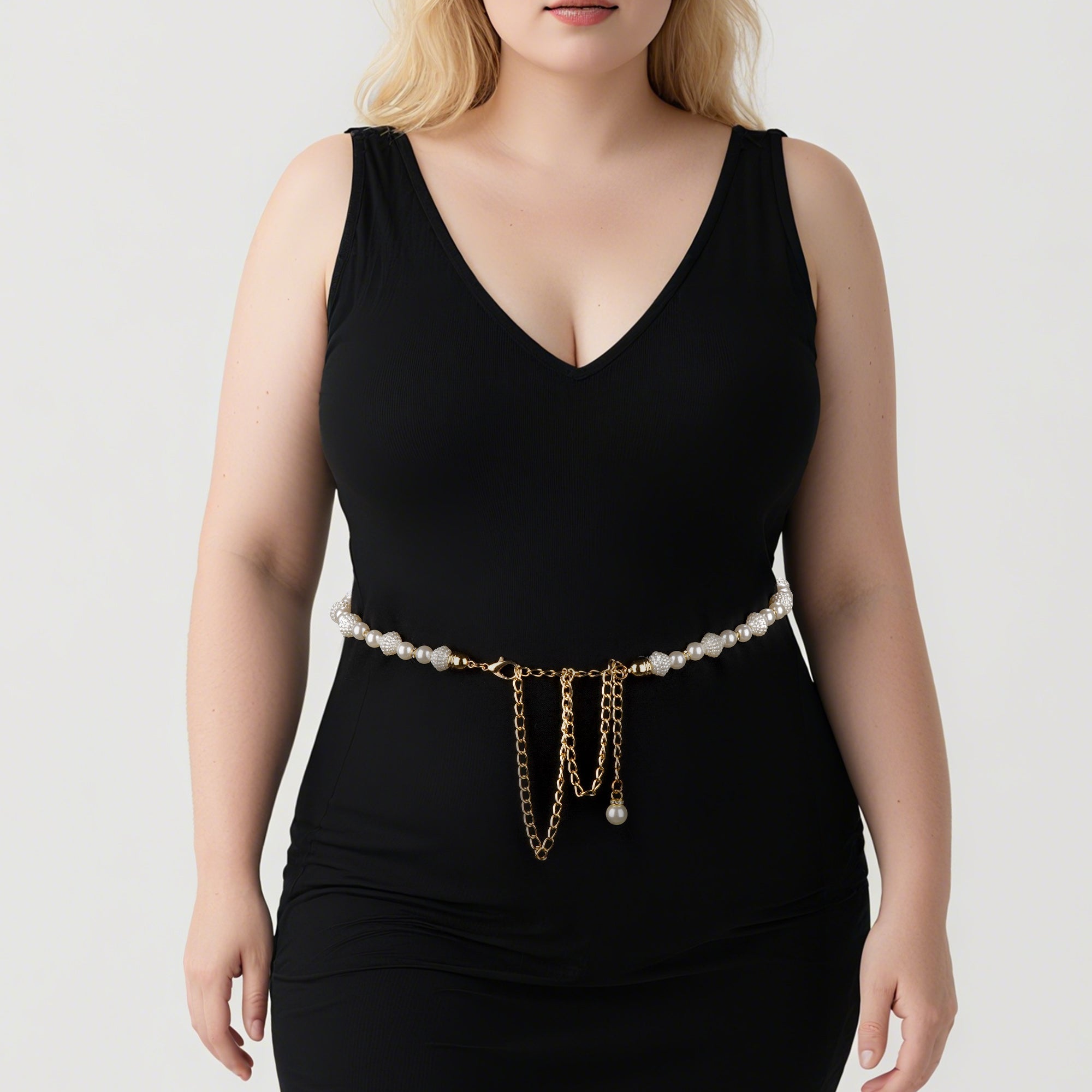Chain Belt for Women, Gold and White Faux Pearl Waistbands, 31.5-43 Inch Adjustable Body Decorate for Dresses, Party, Casual Wear, Fashion Jewelry Accessory