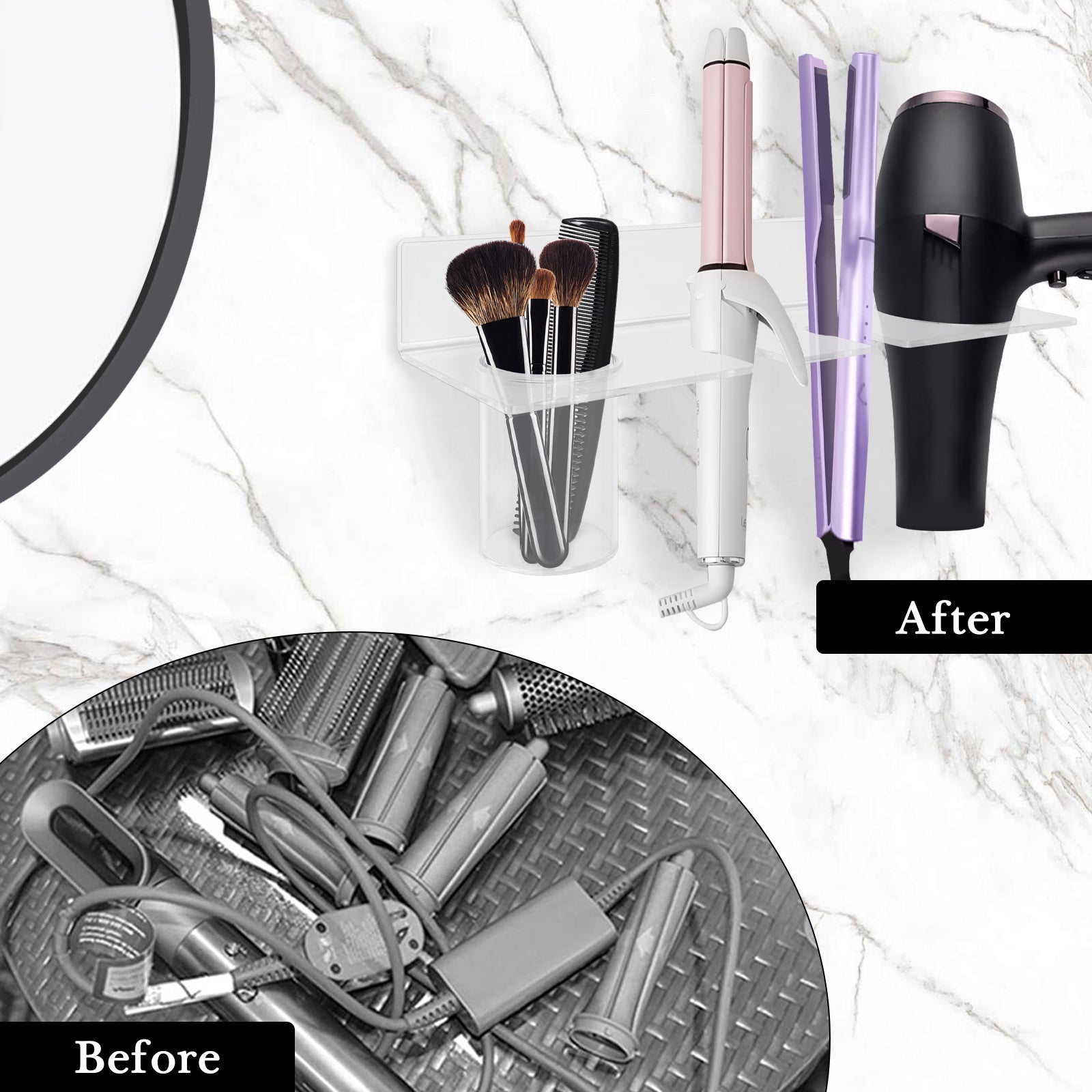 Linkidea Wall Mount Hands Free Blow Dryer Holder, Acrylic Dryer Stand with Storage Cup, Multi-Functional Hair Dryer Rack for Dyson Hair Dryer, Curling Wands, Hair Straighteners (Transparent)