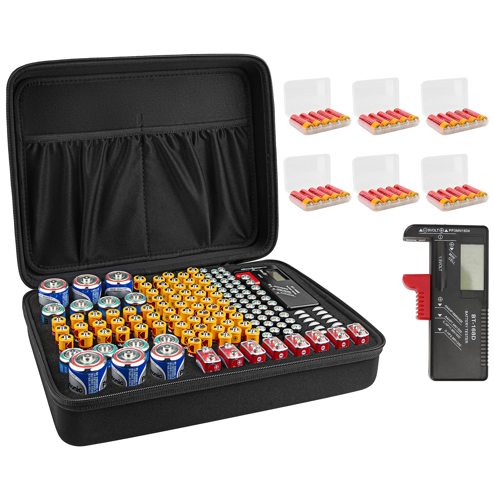 Linkidea Hard Battery Storage Container, Organizer Box with Tester BT-168, Safe Carrying Battery Case Holder - Holds 148 Various Sizes AA AAA 9V C D Batteries with Battery Tester