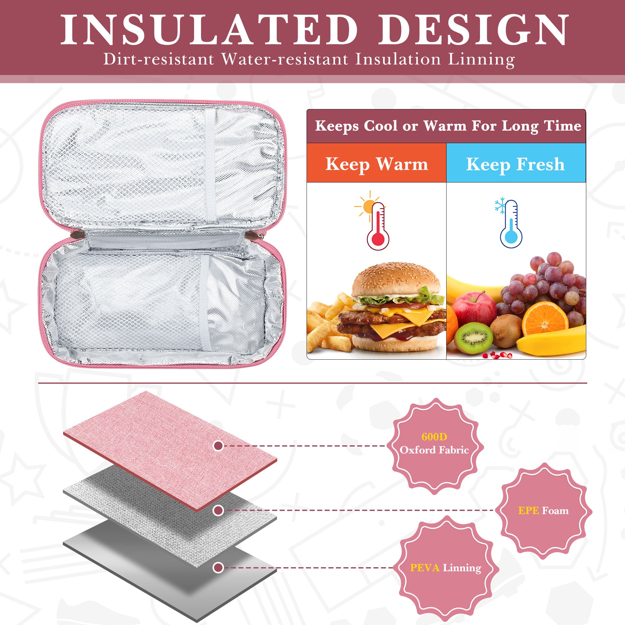 Linkidea Travel Snack Bags, Thermal Insulated Container for Fruit, Lightweight Leakproof Outdoor Food Cooler Bag, Portable Storage Accessories Fits Picnic (Pink)