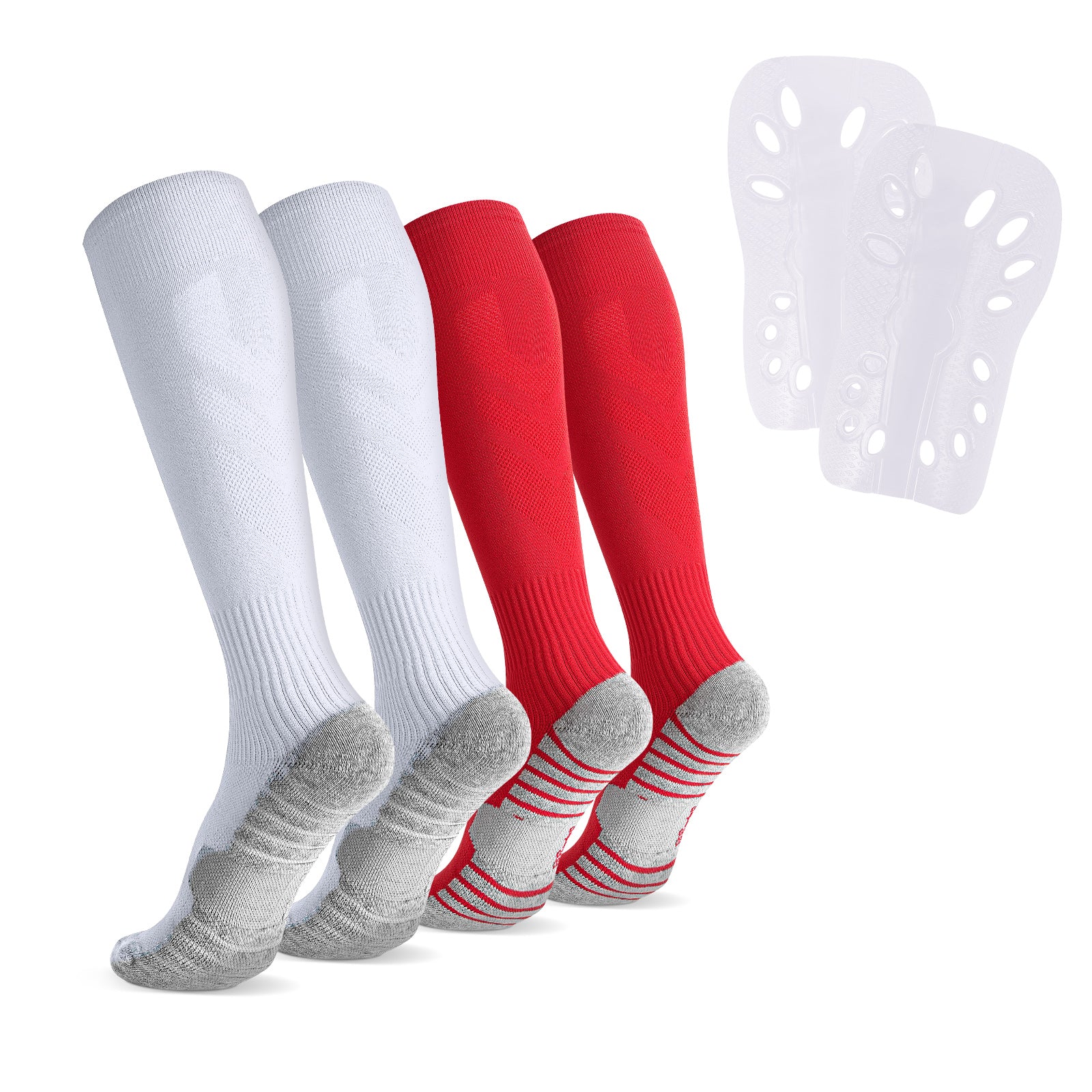 Linkidea Kids Soccer Socks with Shin Guards, 2 Pairs Breathable Knee High Socks with Lightweight Shin Pads, Long Sleeve Cushion Socks for Child 4-6 Years Over Calf Soccer Socks (White&Red, S)
