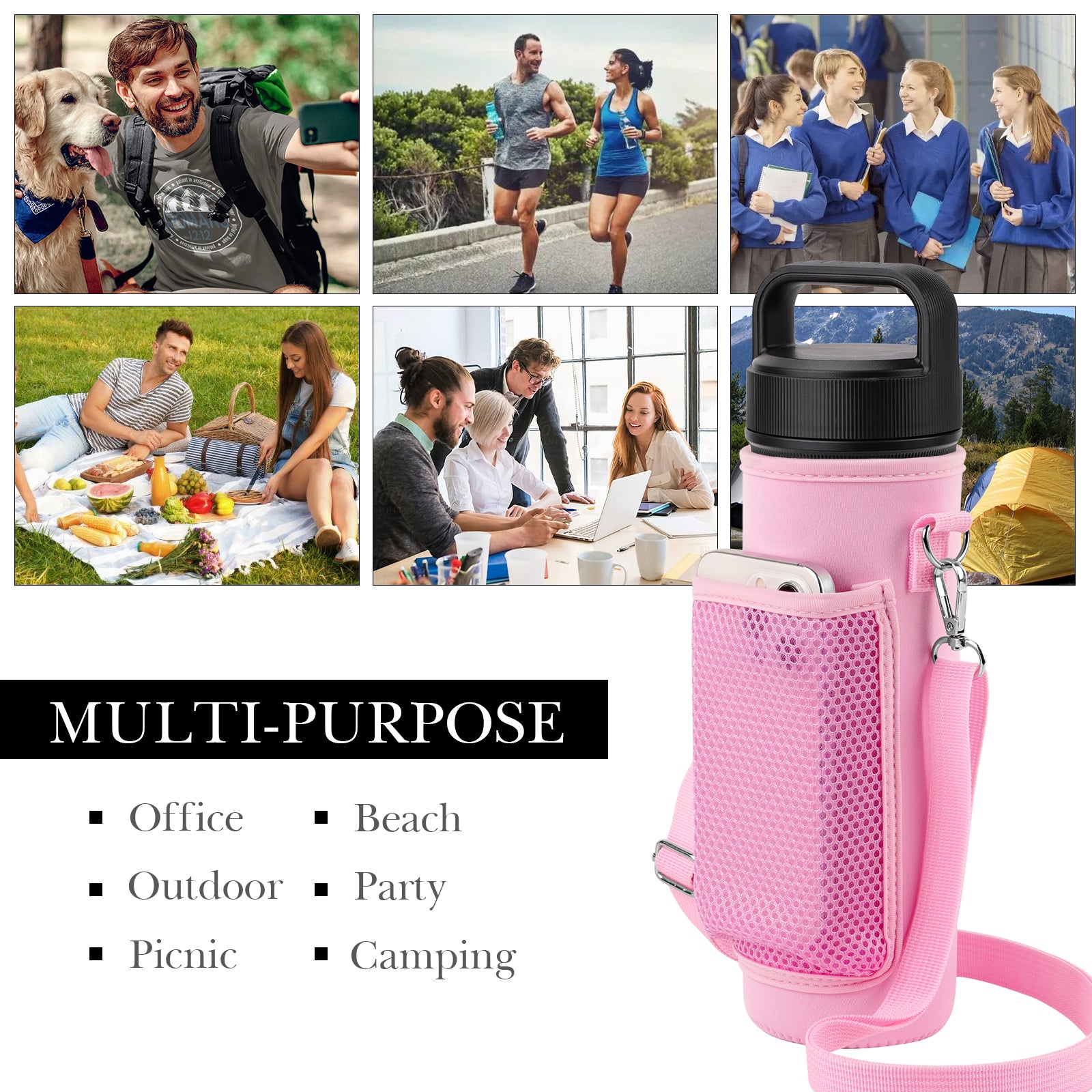 Linkidea Water Bottle Carrier with Shoulder Strap Compatible with YETI Rambler Bottle 26oz, Yonder 25oz, Waterbottle Sling Bag Holder with Mesh Phone Pocket, Pink