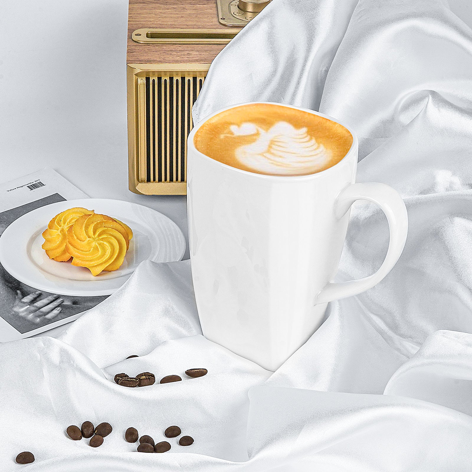 Linkidea Extra Large Fine Bone China Coffee Mug 20oz, Lightweight Coffee Cups with Handles, Teacups for Beer, Latte, Hot Cocoa, Microwave and Dishwasher Safe, White