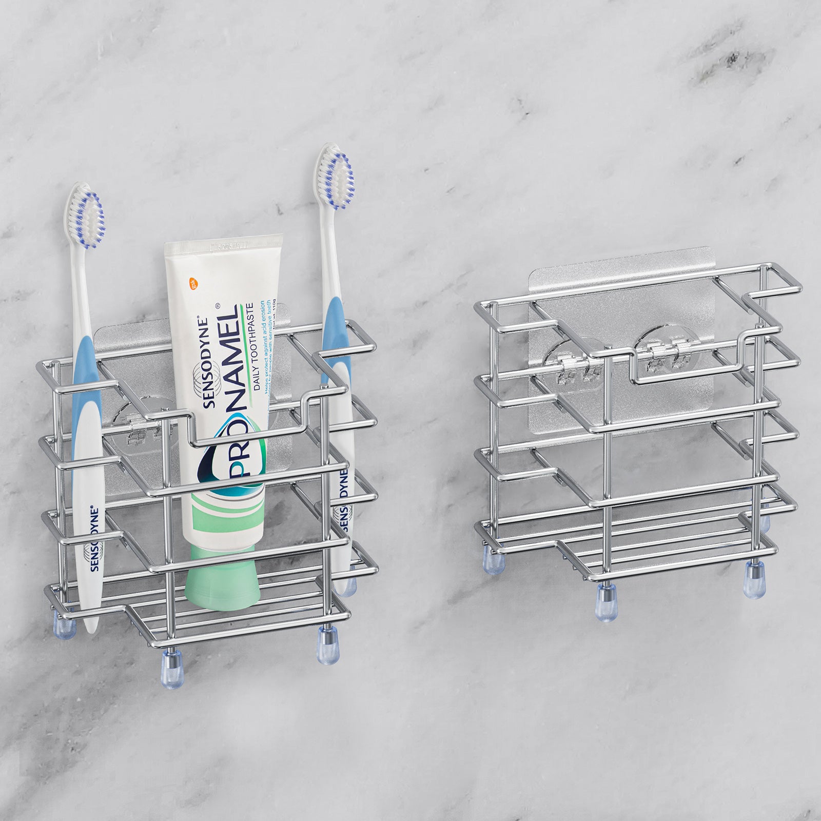Linkidea 2 Pack Toothbrush Holder Wall Mounted, Stainless Steel Electric Toothbrush Stand Rack for Shower Bathroom, Self Adhesive 3 Slots Toothbrush Toothpaste Razor Countertop Organizer (Silver)