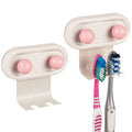 Linkidea 2 Pack Wall Mount Toothbrush Holder for Bathroom, 2 Slots Self Adhesive Iron Brush Hanger Compatible with Oral-B CrossAction, Colgate ExtraClean(Pink Dot)
