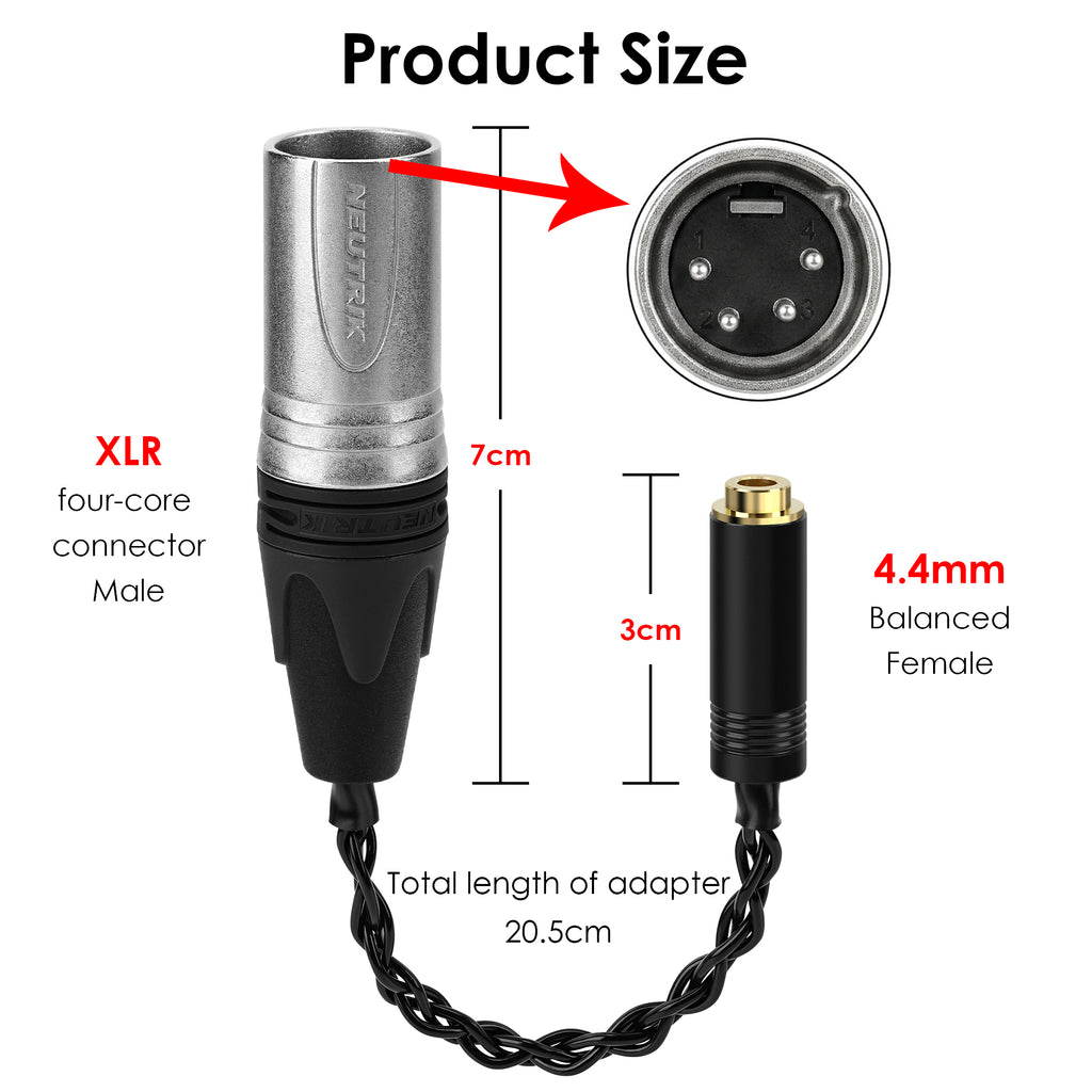 Linkidea 4-Pin XLR Male to 4.4mm Female Balanced Headphone Adapter Cable, OCC Silver-Plated Copper Audio Converter for Headphone Amplifiers, DAC Amps, Balanced Headphone Cables, 8 in