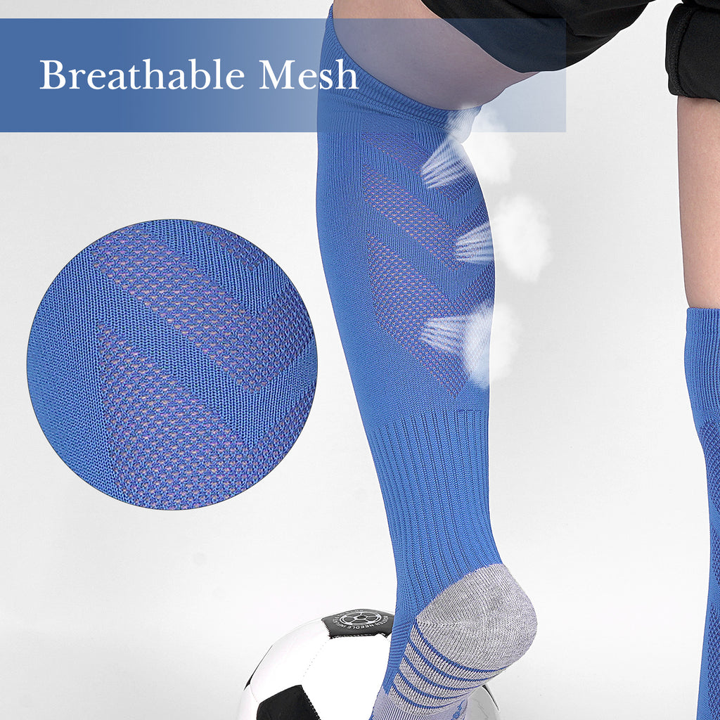 Linkidea Kids Soccer Socks with Shin Guards, 2 Pairs Breathable Knee High Socks with Lightweight Shin Pads, Long Sleeve Cushion Socks for Child 7-9 Years Over the Calf Soccer Socks (Blue, M)