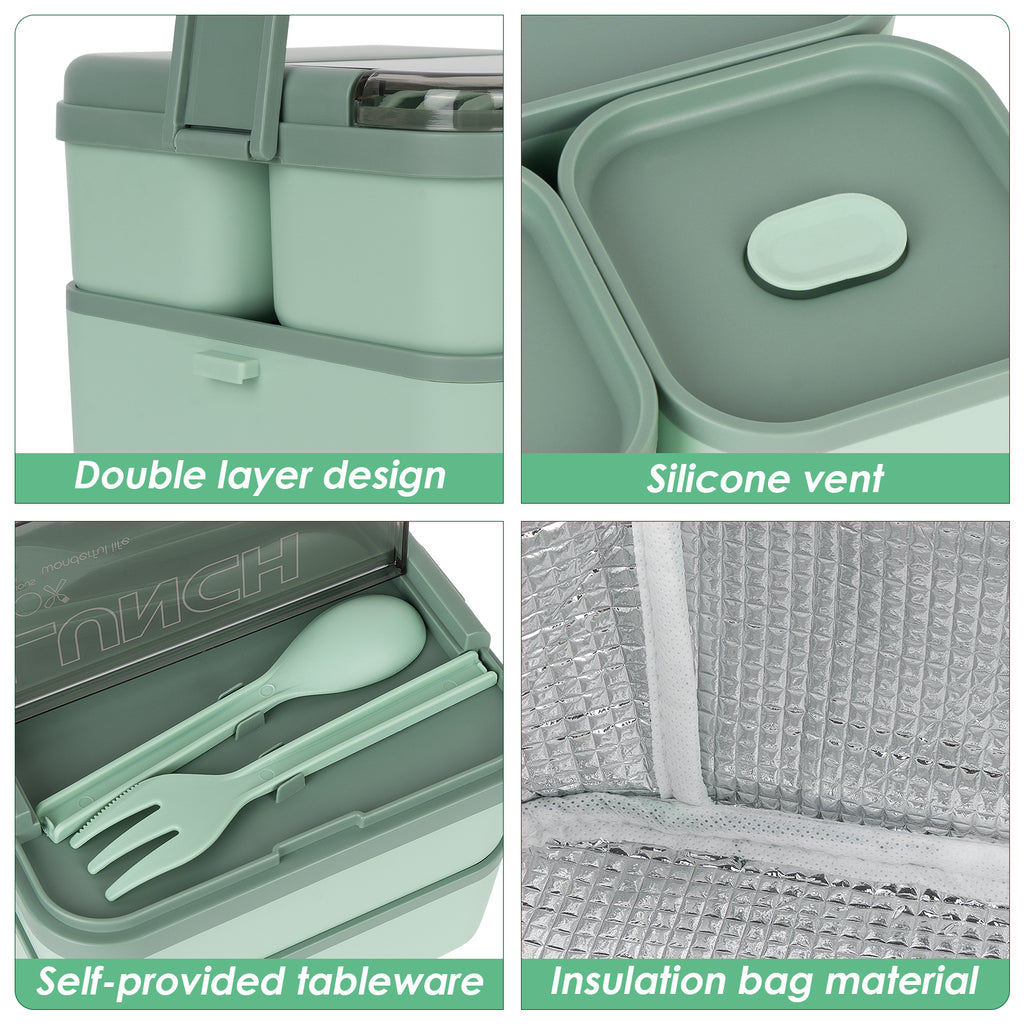Linkidea Bento Box with Lunch Bag, Reusable Food Container with Double Layer Multi Compartment and Flatware, Food Box with Leak-Proof Cover Fit to Microwave/Dishwasher/Freezer Safe (1800ML, Green)