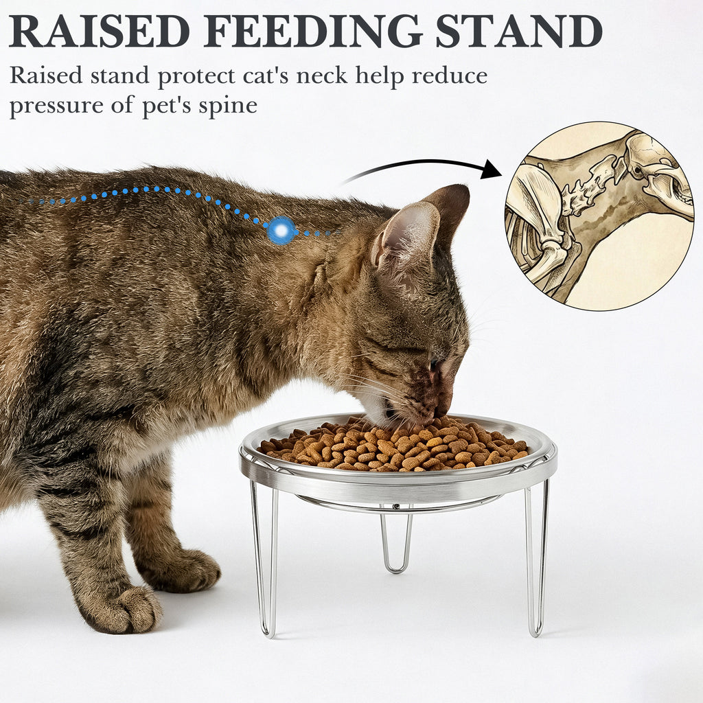 Linkidea Elevated Cat Bowls, 6.7" Extra Wide Raised Cat Food Bowl, Stainless Steel Cat Food Bowls Whisker Fatigue Shallow Dishes, Persian Cat Bowl with 3-Leg Stand - Dishwasher Safe