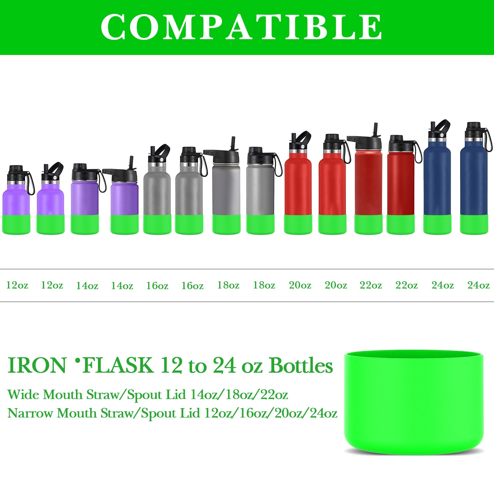 Linkidea 2 Pack Water Bottle Boot Compatible with IRON °FLASK Wide/Narrow Mouth 12oz/14oz/16oz/18oz/20oz/22oz/24oz, Silicone Bottle Bottom Sleeve Cover Bumper Protector (Green)