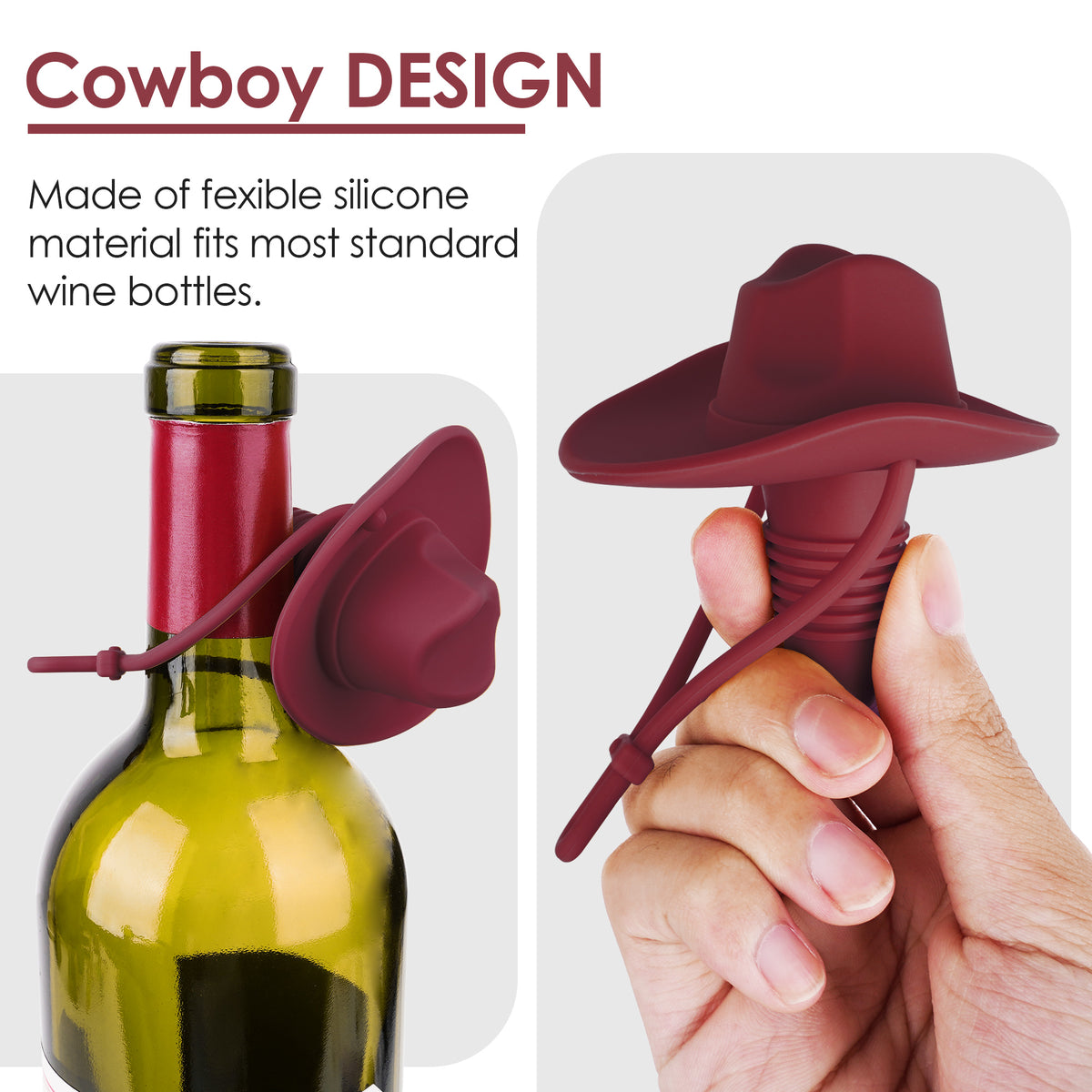 Linkidea 2 Pack Silicone Cowboy Style Bottle Stoppers, Reusable Fun Cap Sealers to Keep Drinks Fresh, Unique Gifts for Boyfriend, Dad, Friends (Red)