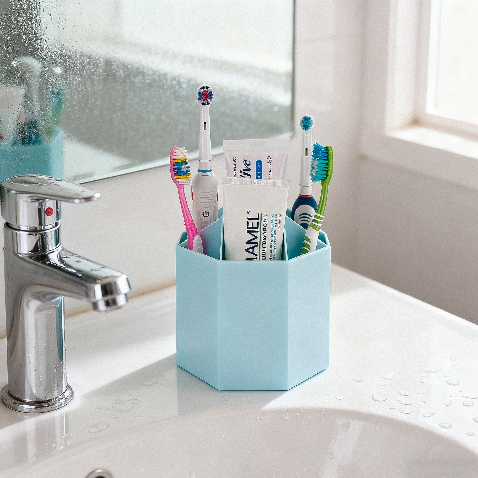 Linkidea Electric Toothbrush Holder, Plastic Countertop Toothpaste Stand, 5 Slots Organizer Compatible with Oral-B iO Series, Philips Sonicare ProtectiveClean, Colgate ExtraClean (Blue)