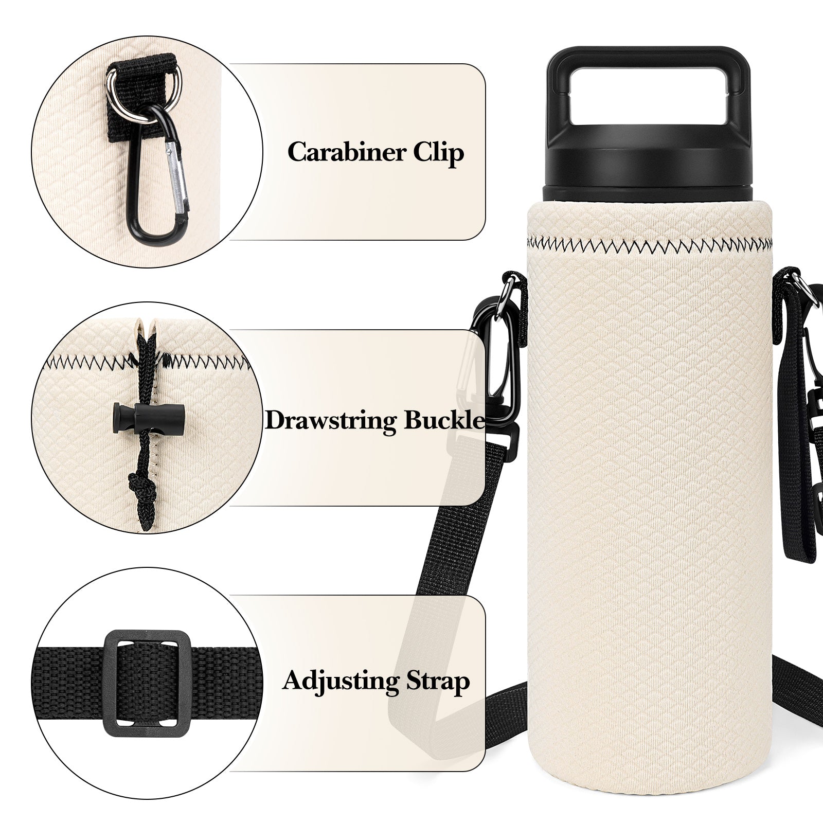 Linkidea Neoprene Water Bottle Carrier with Strap Compatible with YETI Rambler Bottle 18oz/26oz, Yonder 25oz, Insulated Waterbottle Sling Bag with Shoulder Strap, Off White