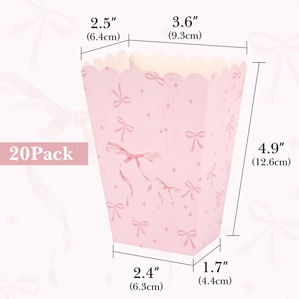 Linkidea 20 Pcs Pink Popcorn Boxes with Bows, Candy Treat Cases for Party Favors, Compact Gift Boxes for Girls Birthday, Cheerleading, Bachelorette Party Supplies