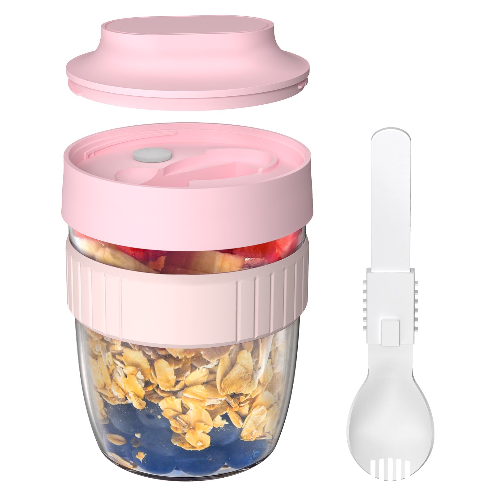 Linkidea Overnight Oats Containers with Lids, 19.2 oz Airtight Plastic Yogurt Cups with Spoons and Lids, Portable Overnight Oat Container for Milk, Cereal, Fruit, Yogurt, Fits Work/Picnic (Pink)