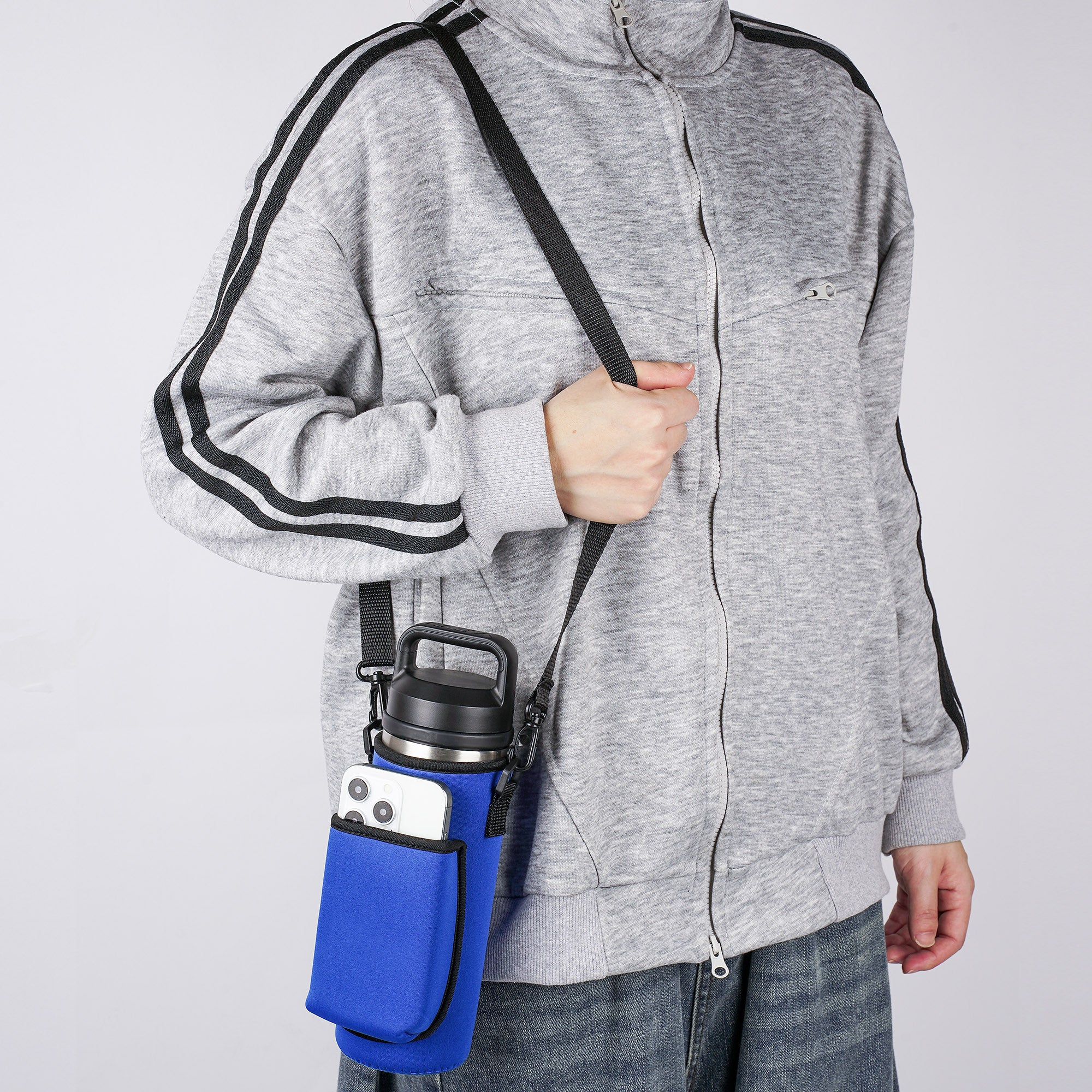 Linkidea Water Bottle Carrier with Strap Compatible with YETI Rambler Bottle 18oz, Yonder Bottle 600ml/20oz, Waterbottle Sling Bag Holder, Shoulder Strap with Phone Pocket (Blue)