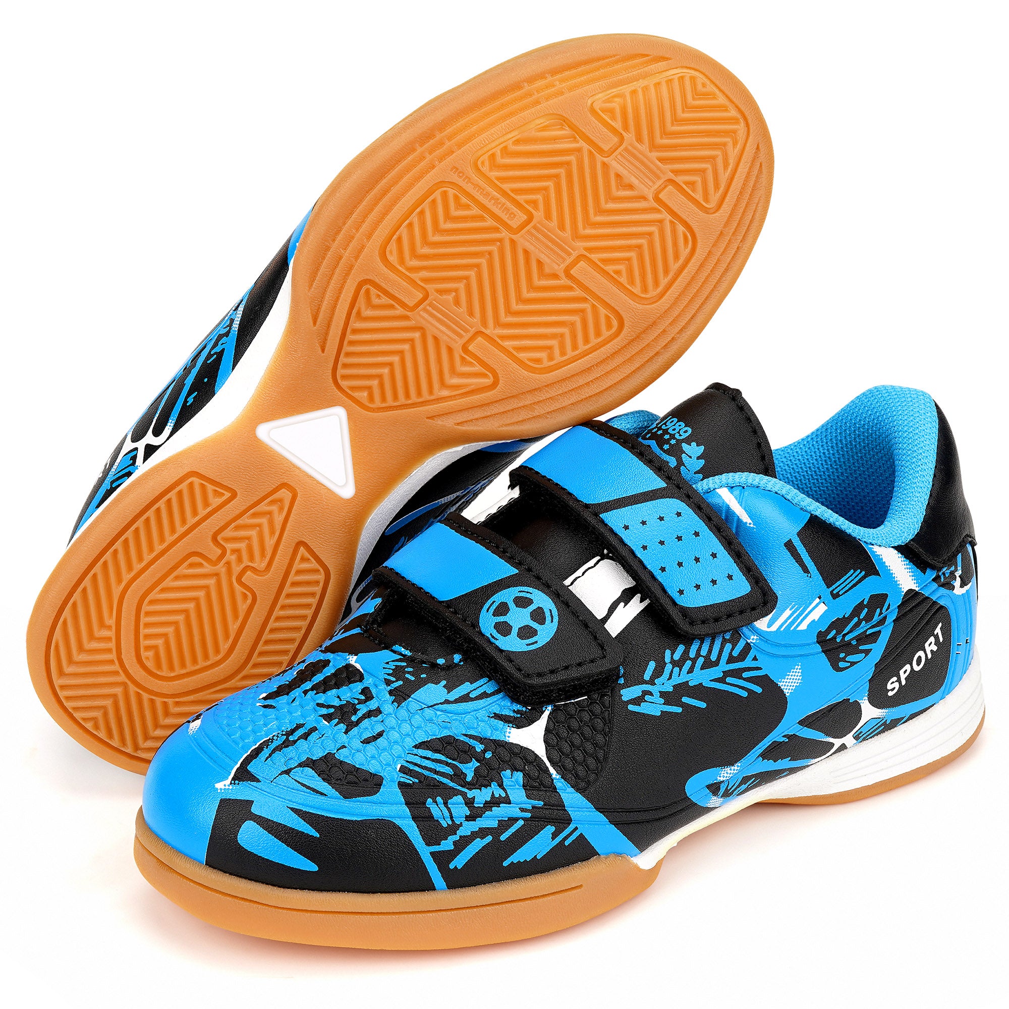 Linkidea Kids Laceless Indoor Soccer Shoe, Rubber Outsole Anti-Slip Sneaker, Futsal Training Cleats for Boys and Girls (Blue)