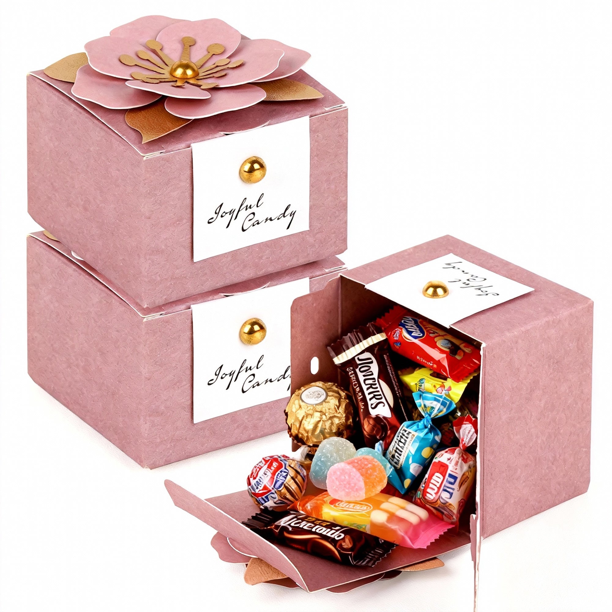 Linkidea 20 Pcs Pink Floral Folding Candy Gift Boxes 2.55" x 2.55" x 1.77" for Wedding Favors, Elegant Party Thank You Boxes with Tags