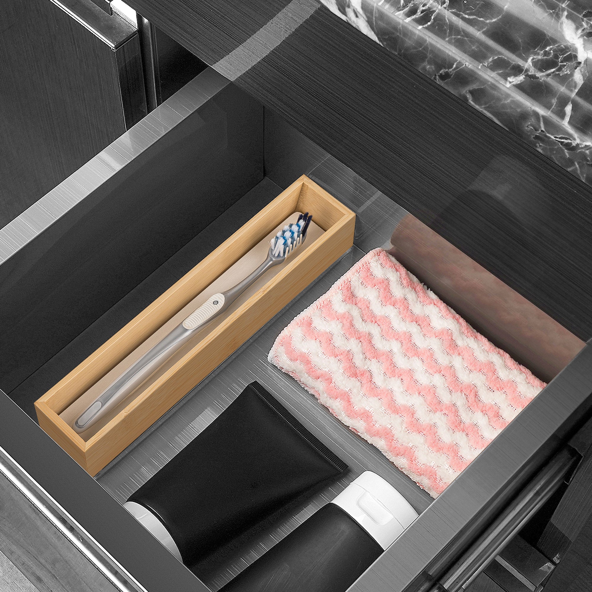 Linkidea Wooden Toothbrush Holder with Drainage Hole, Bathroom Drawer Organizer with Drying Diatomite Stone, Compatible with Extra Clean, Oral-B CrossAction Toothbrush