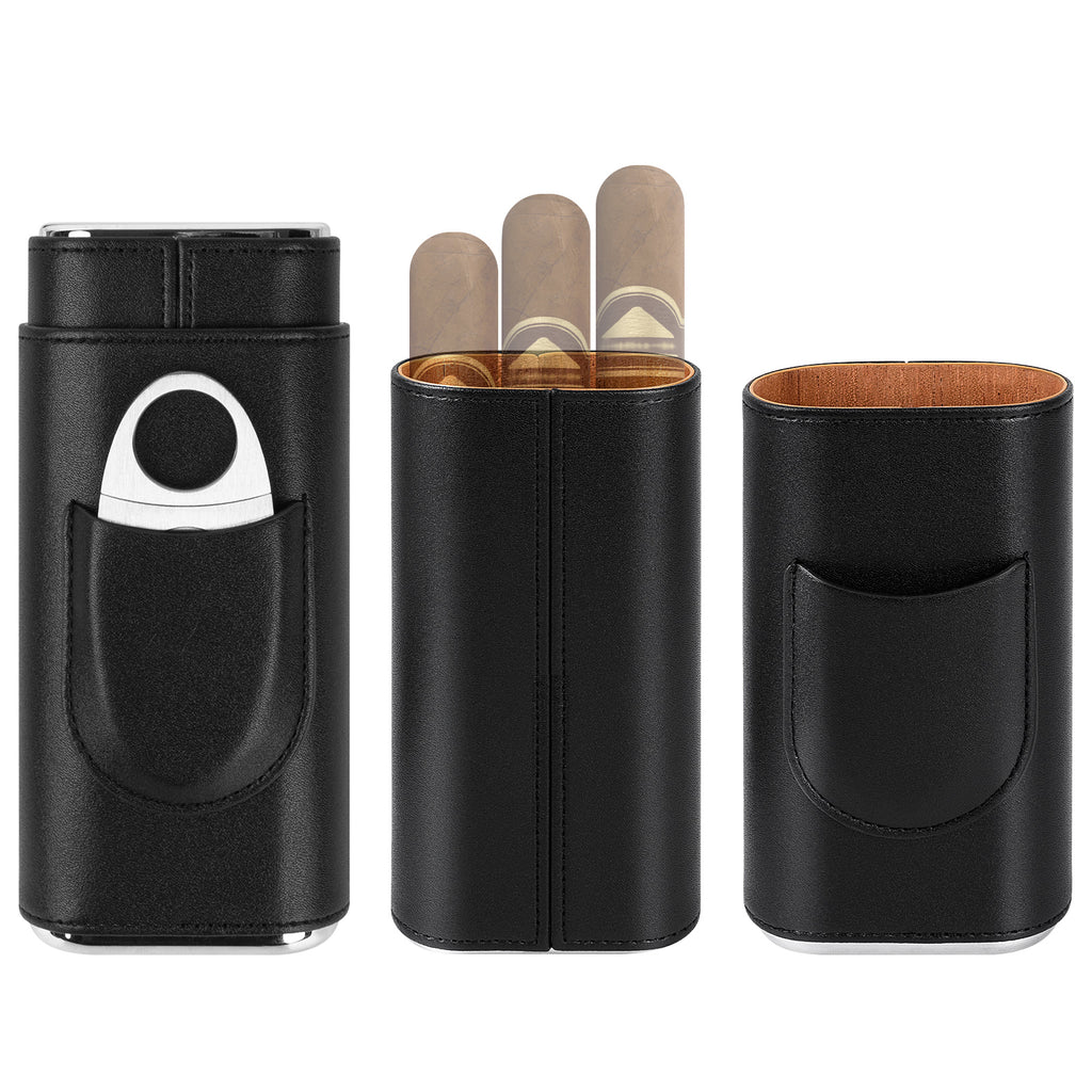 Linkidea Travel Cigar Humidor Case, Luxury Vegan Leather Portable Cigar Holder with Cedar Wood Lining, Holds 3 Cigars, Stainless Steel Cutter, Gift for Men & Business Travel (Black)