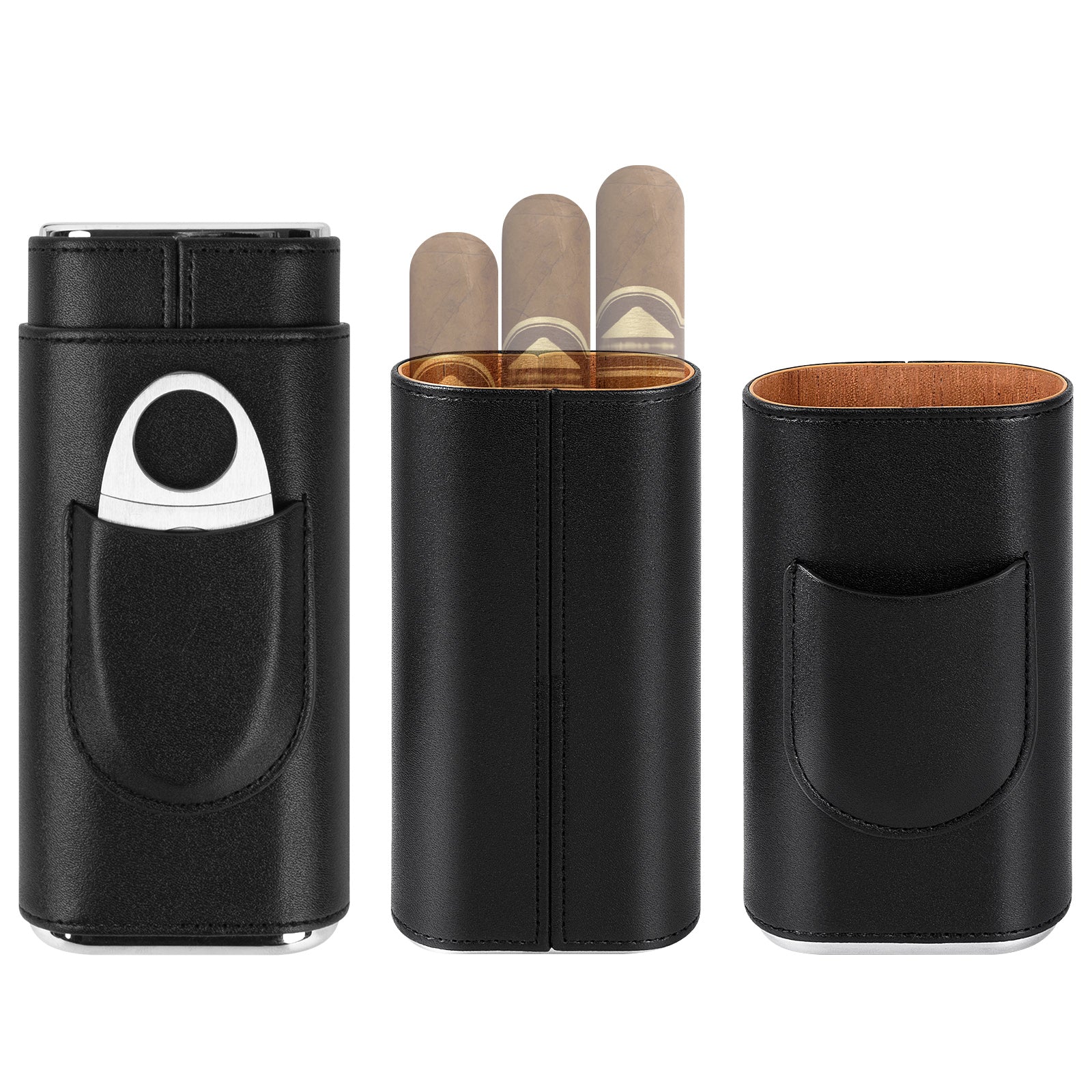 Linkidea Travel Cigar Humidor Case, Luxury Vegan Leather Portable Cigar Holder with Cedar Wood Lining, Holds 3 Cigars, Stainless Steel Cutter, Gift for Men & Business Travel (Black)