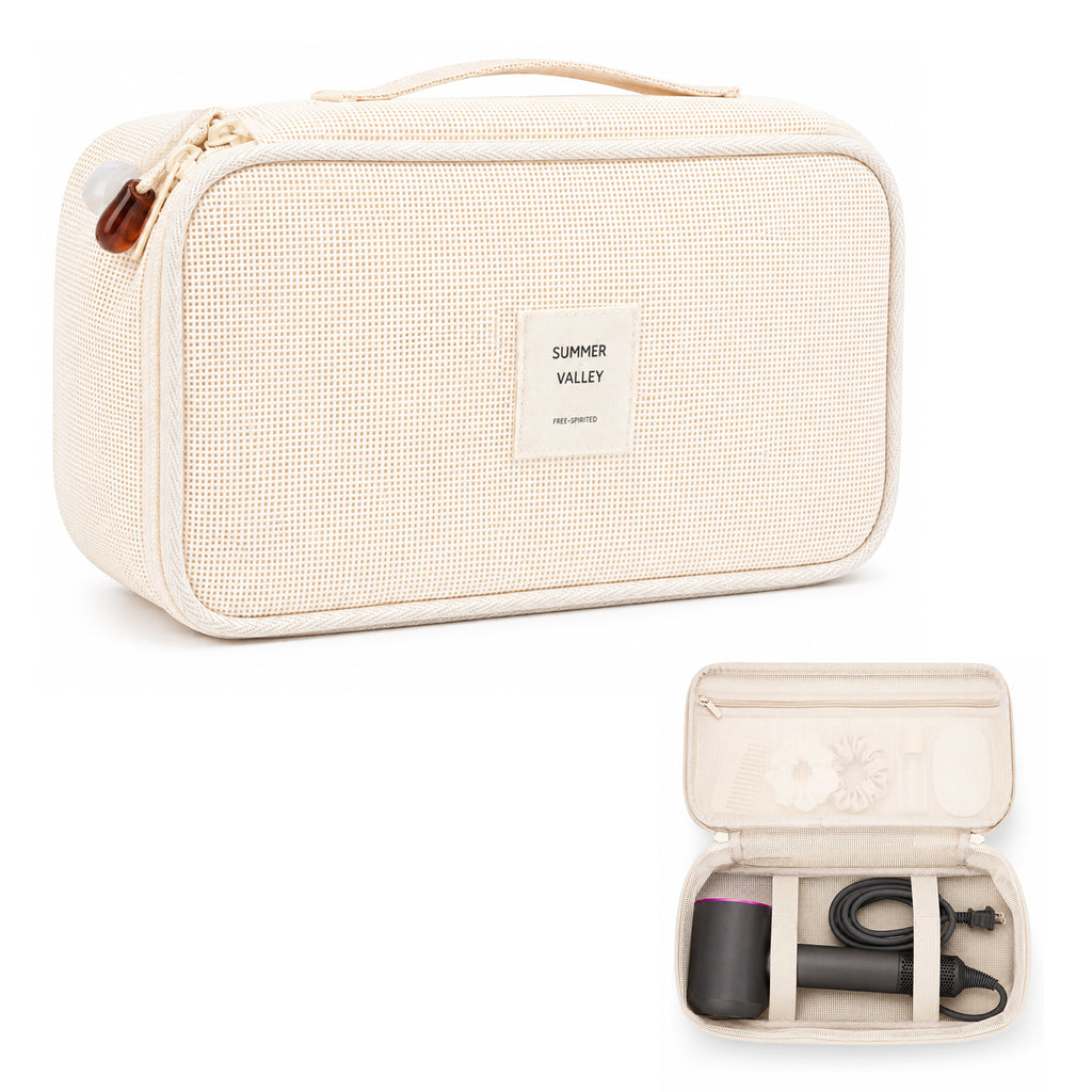 Linkidea Hair Dryer Storage Case, PVC Travel Organizer Bag with Handle, Portable Blow Dryer Holder for Heat Styling Tools, Flat Iron, Curling Wand, Cords and Hair Accessories (Beige)