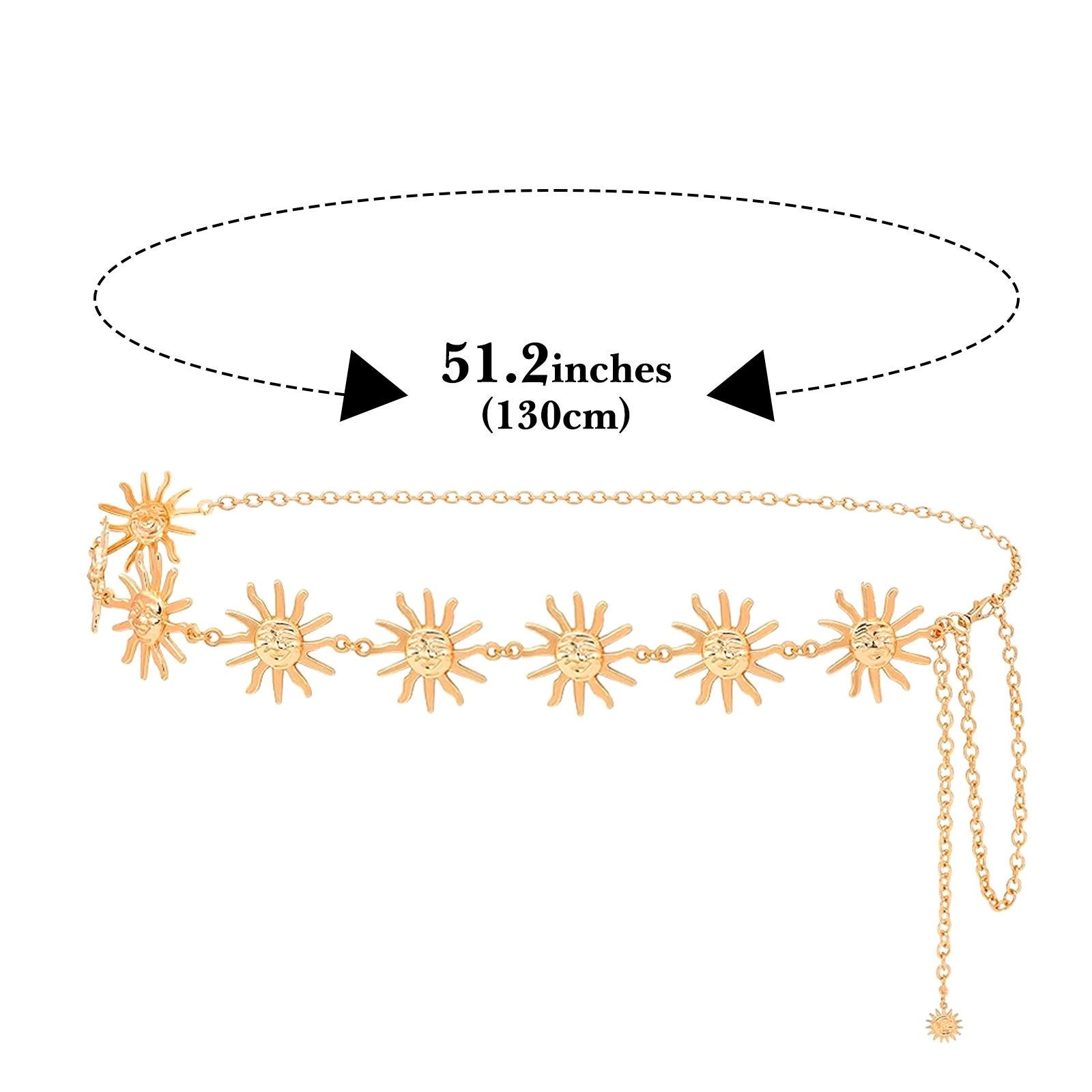 Women's Chain Belt, Metal Waist Chain, Adjustable Belly Belt with Sun Style, Fits 21.6-43.3 in Waist, 51.2 in Total Length