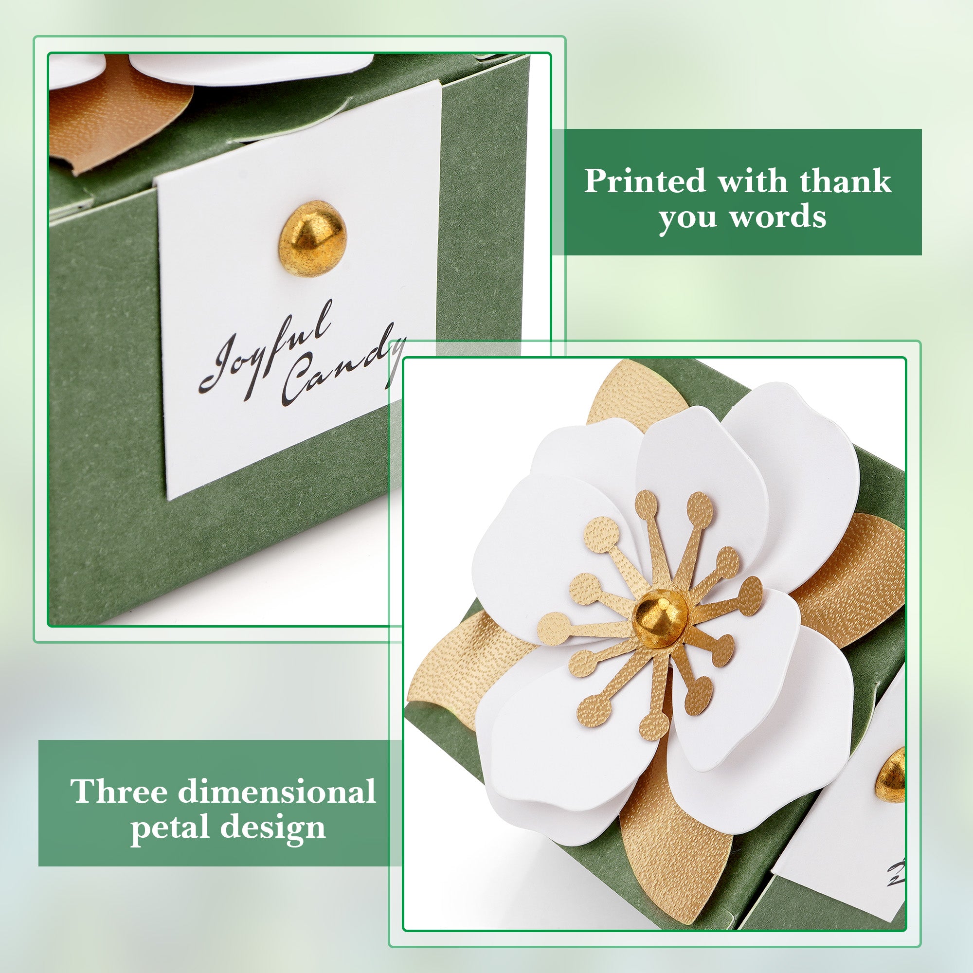 Linkidea 20 Pcs Green Floral Folding Candy Gift Boxes 2.55" x 2.55" x 1.77" for Wedding Favors, Elegant Party Thank You Boxes with Tags