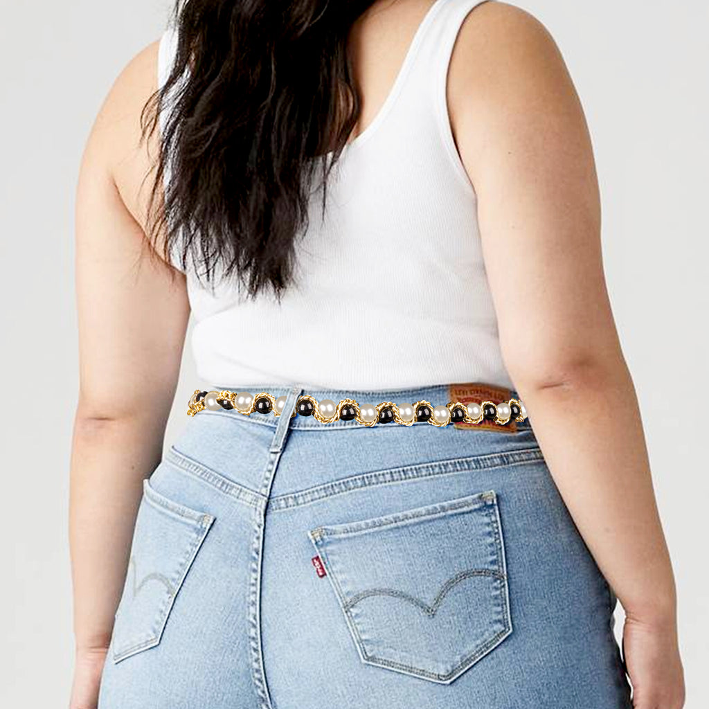 Plus Size Chain Belt for Women, Gold Color and Black White Faux Pearl Waist Chains, Extra Long Body Chain, 31-51 Inch Adjustable Chunky Belt Chain