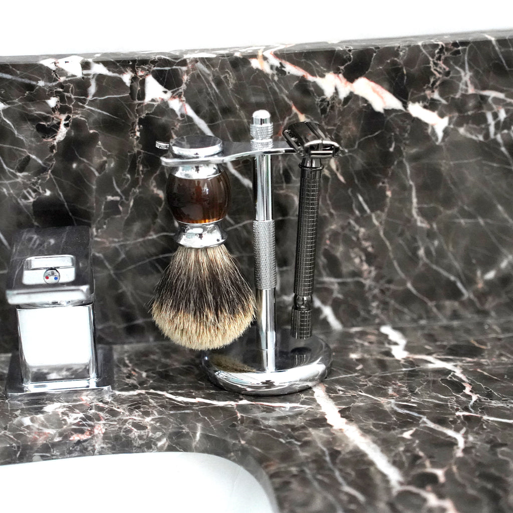 Linkidea Razor & Brush Holder, Deluxe Men's Stainless Steel Shaving Brush Hanger, Grooming Organizer for Bathroom, Shaver Stand Compatible with Merkur 23C (Silver)