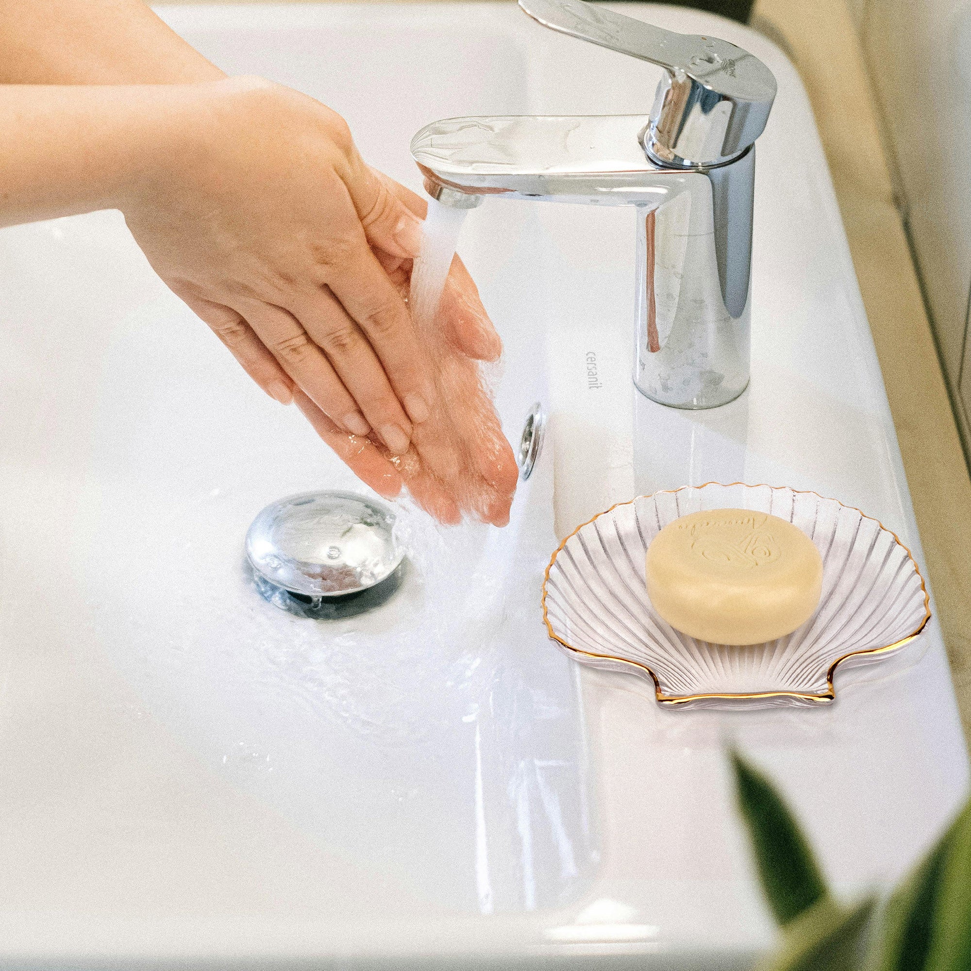Linkidea Clear Glass Soap Dish Tray with Gold Trim, Elegant Sea Shell Design for Bathroom Decor, Cleanser Holder for Vanity, Countertop, Sink