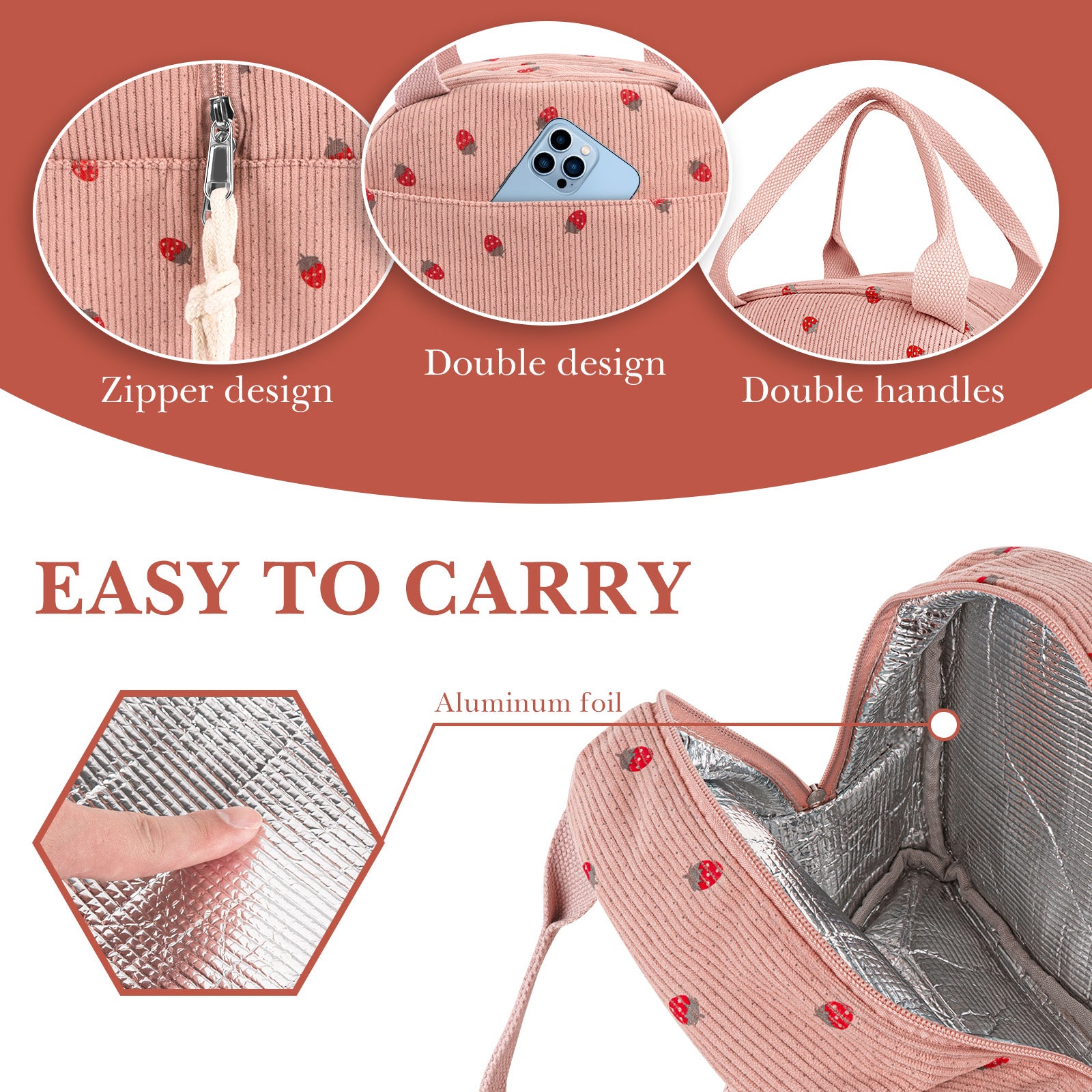 Linkidea Lunch Box for Adult, Corduroy Lunch Bag with Hand Strap, Large Capacity Lunch Bag for Everyday Outings, Compatible with Crock Pot, DUPASU, Aotto, LUNCHEAZE (Pink)