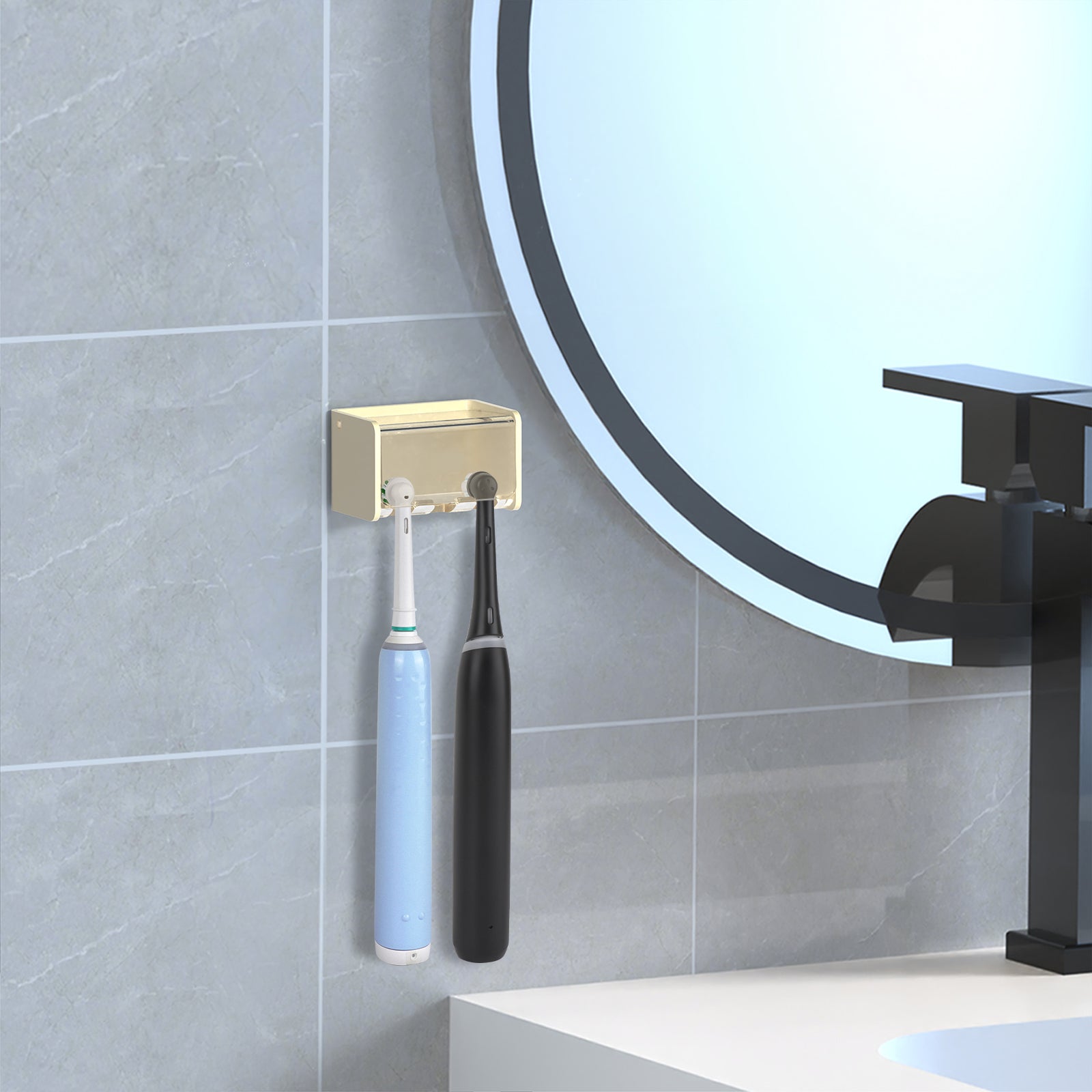 Linkidea Wall Mount Electric Toothbrush Holder with Cover, Acrylic Self-Adhesive Power Brush Stand, 3 Slot Organizer Compatible with Oral-B iO Series, Oral-B Pro 3000(Beige)