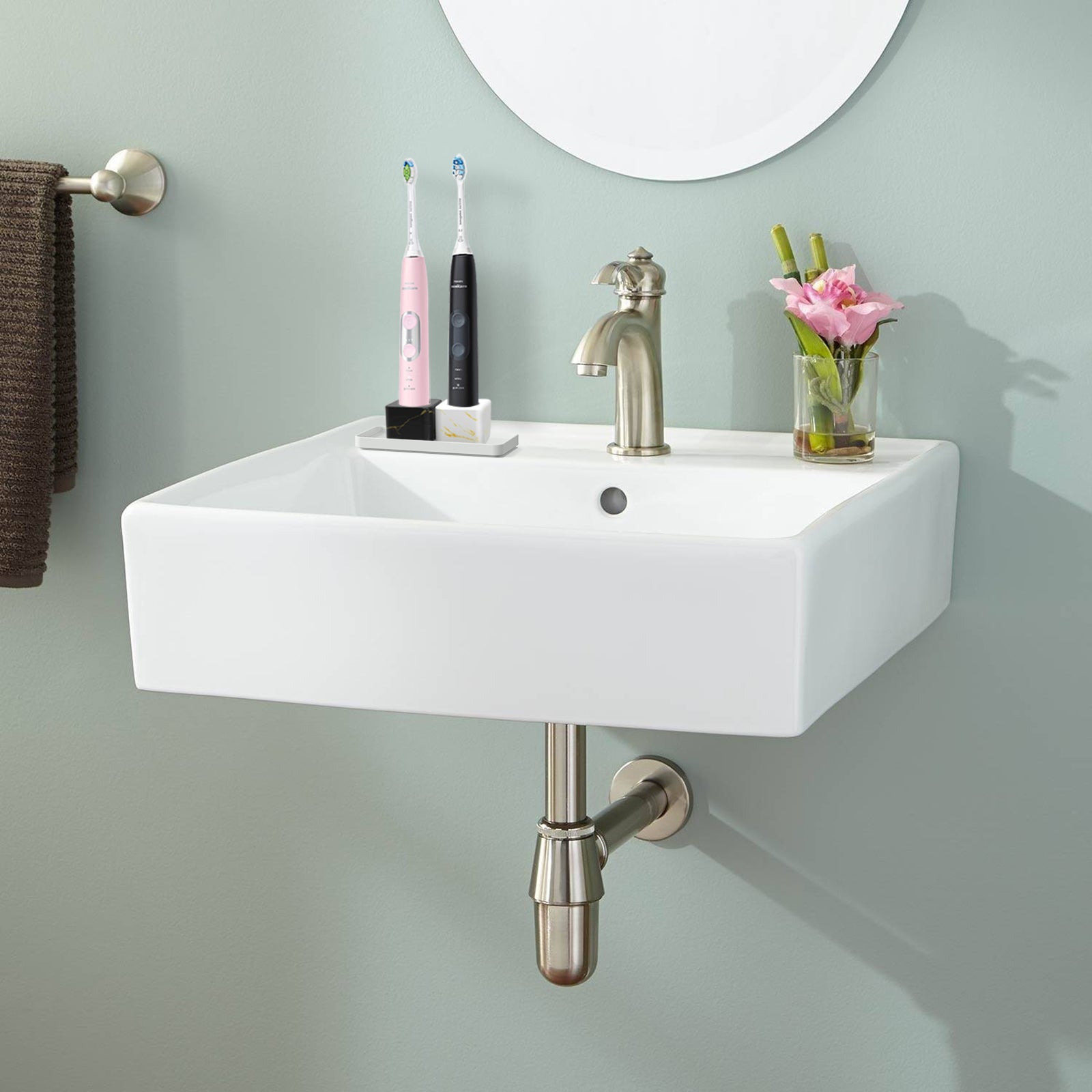 Linkidea Ceramic Electric Toothbrush Holder with Tray, Tooth Brush Stand for Standard Handle, Countertop Organizer Compatible with Philips Sonicare ProtectiveClean, Oral-B iO Series