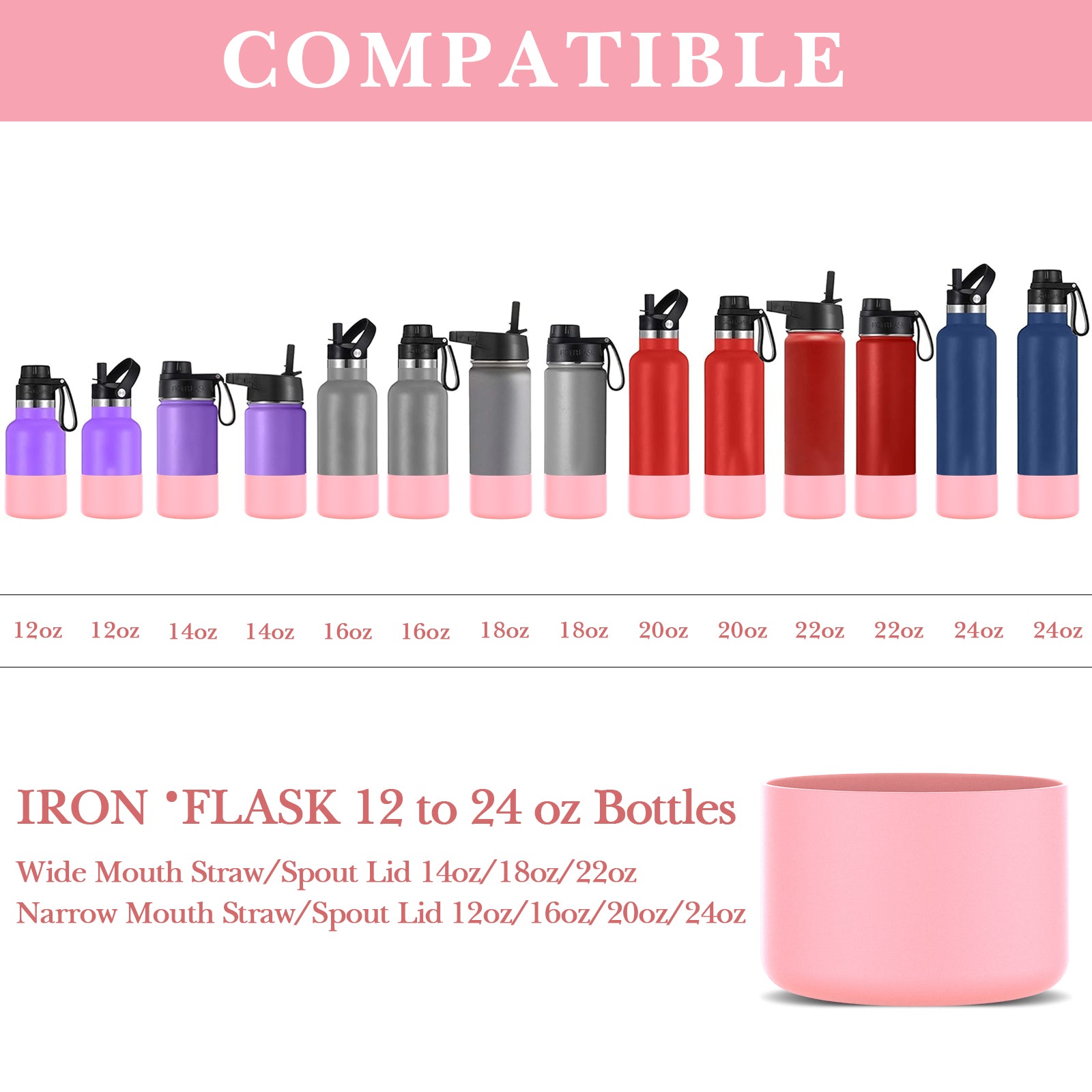 Linkidea 2 Pack Water Bottle Boot Compatible with IRON °FLASK Wide/Narrow Mouth 12oz/14oz/16oz/18oz/20oz/22oz/24oz, Silicone Bottle Bottom Sleeve Cover Bumper Protector (Light Pink)