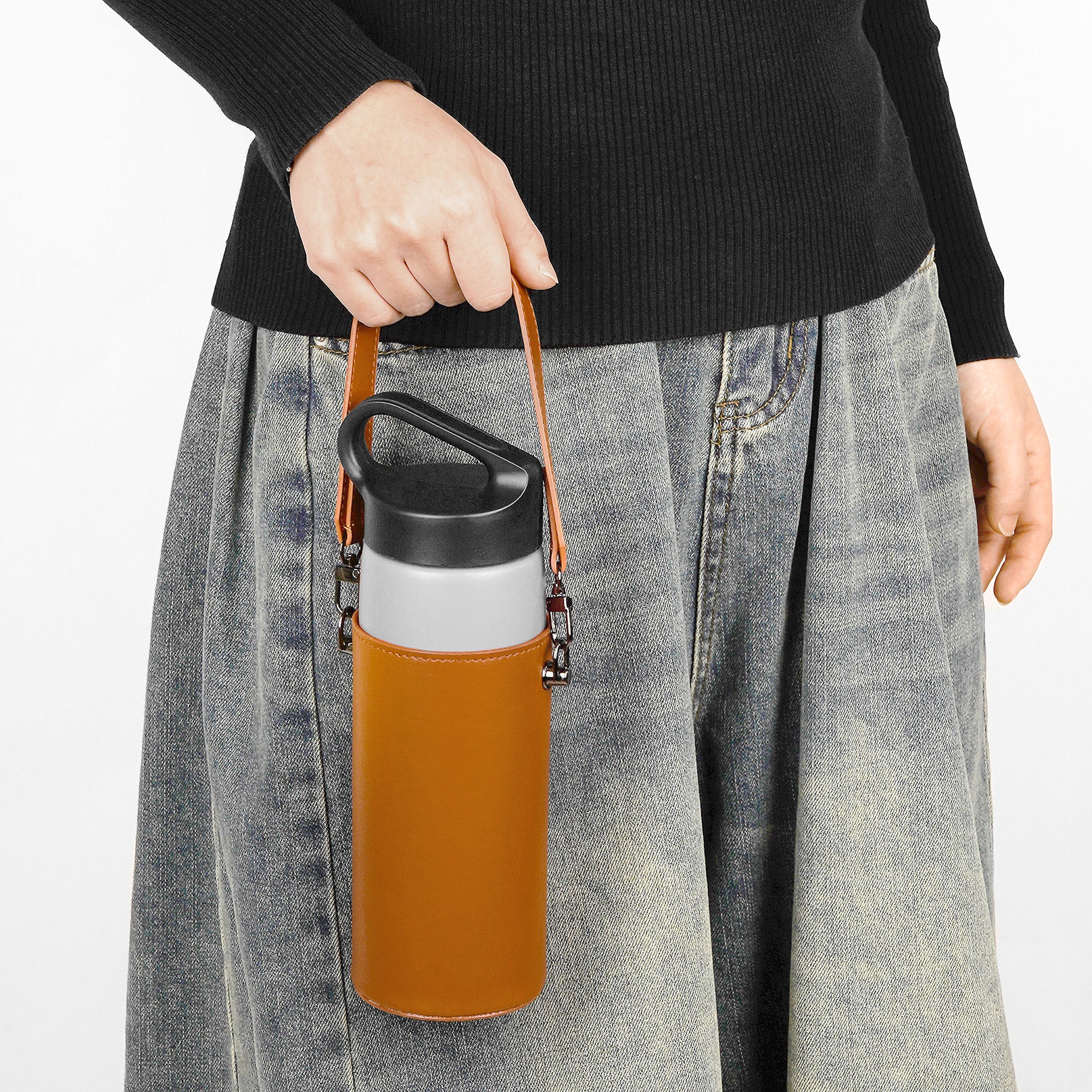 Linkidea Vegan Leather Water Bottle Carrier with Strap Compatible with CamelBak Carry Cap, Waterbottle Sling Bag Holder with Adjustable Shoulder Strap, Brown