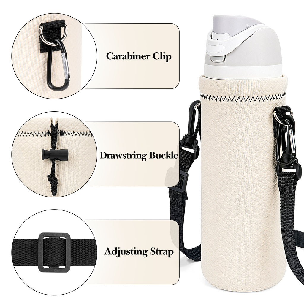 Linkidea Water Bottle Carrier with Strap Compatible with Owala FreeSip 24oz, Twist 24oz, Potter 24oz Water Bottle, Neoprene Waterbottle Sling Bag Holder, Shoulder Strap, Off White