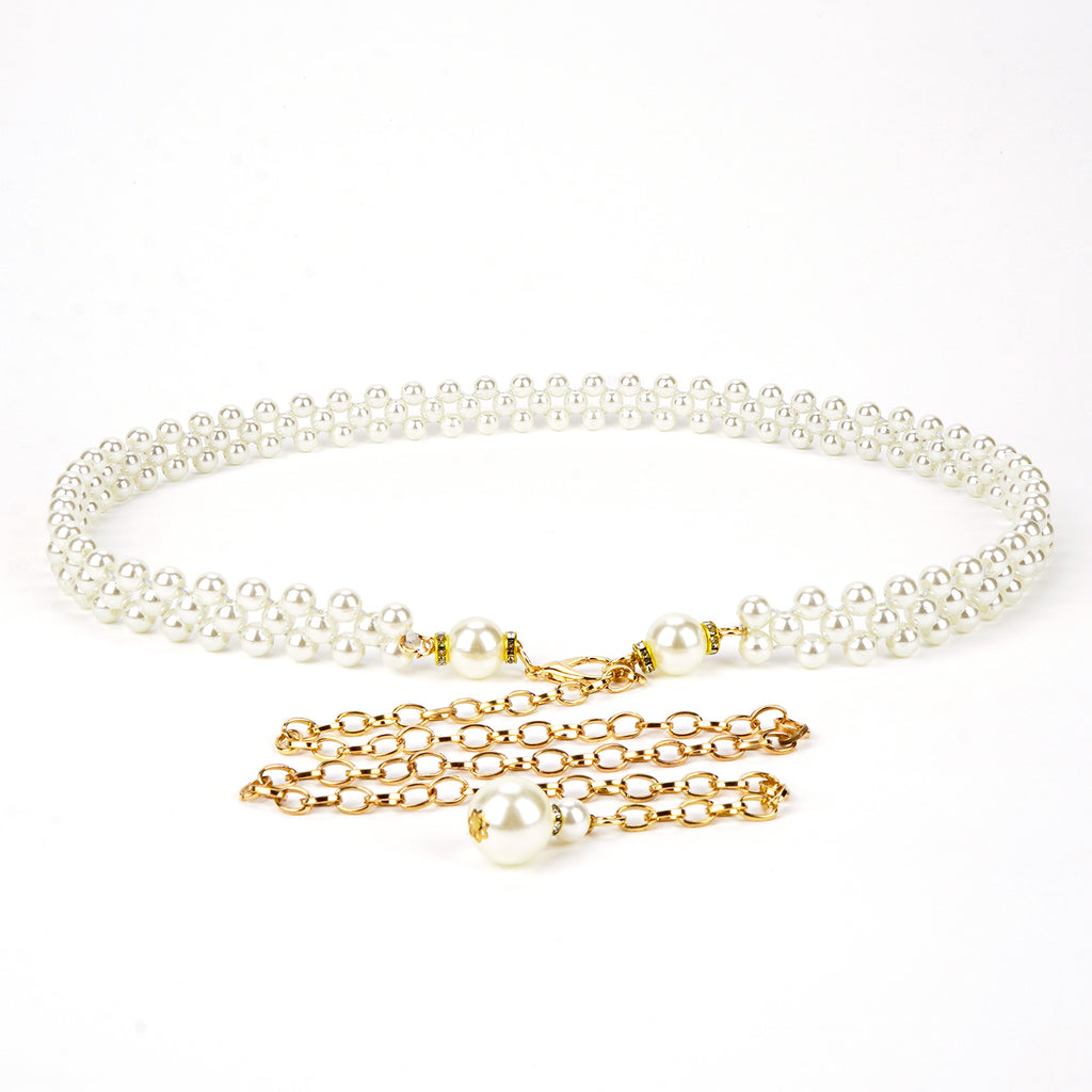 Plus Size Chain Waist Belt for Women, 30-40 Inch Stretchable Extra Long Chunky Body Chain, White Pearl Adjustable Fashion Jewelry Accessory