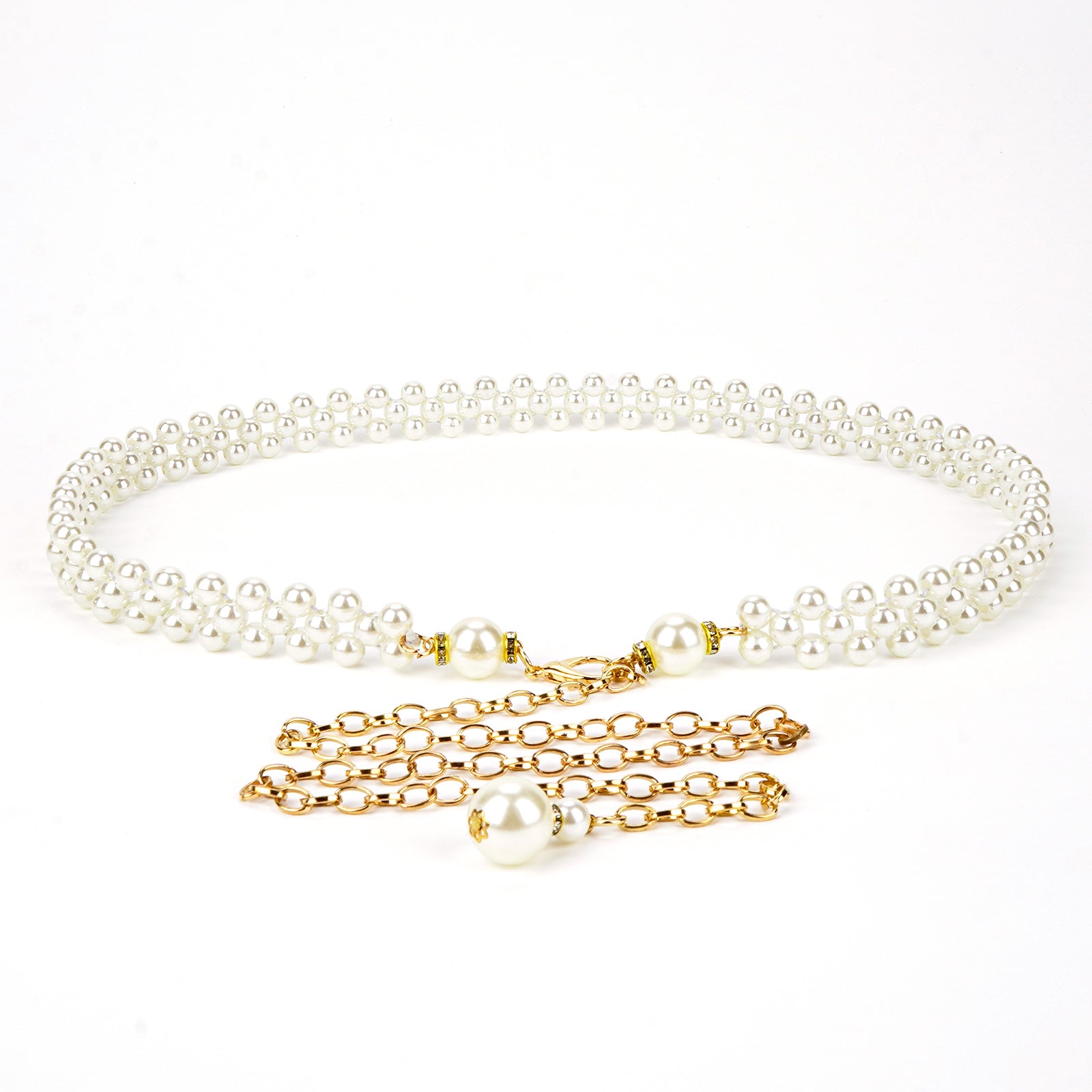 Plus Size Chain Waist Belt for Women, 30-40 Inch Stretchable Extra Long Chunky Body Chain, White Pearl Adjustable Fashion Jewelry Accessory