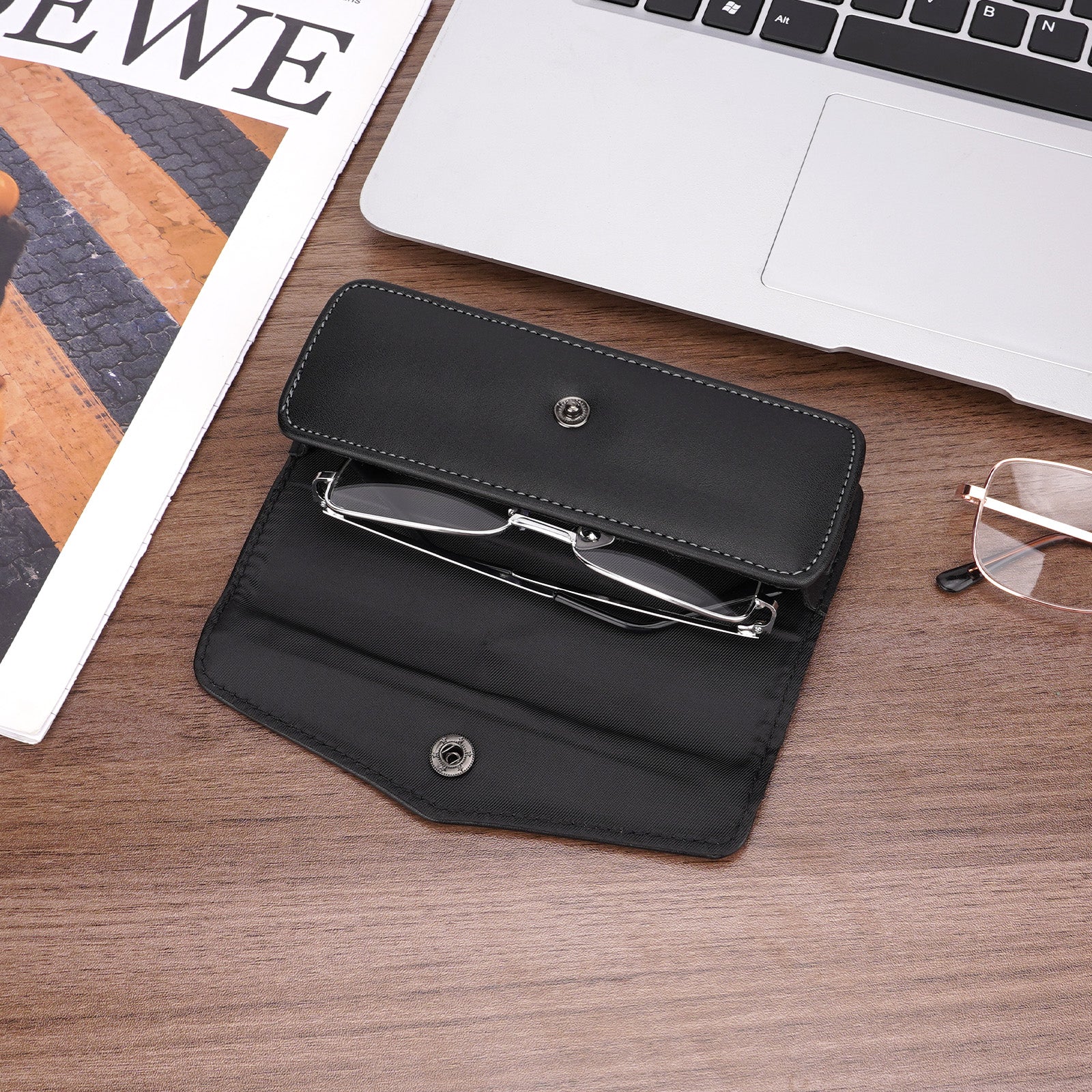 Hard Shell Eyeglasses Case, Black Vegan Leather Portable Eyewear Storage Bag Compatible with Reading Nearsighted Glasses, Can Wear a Belt