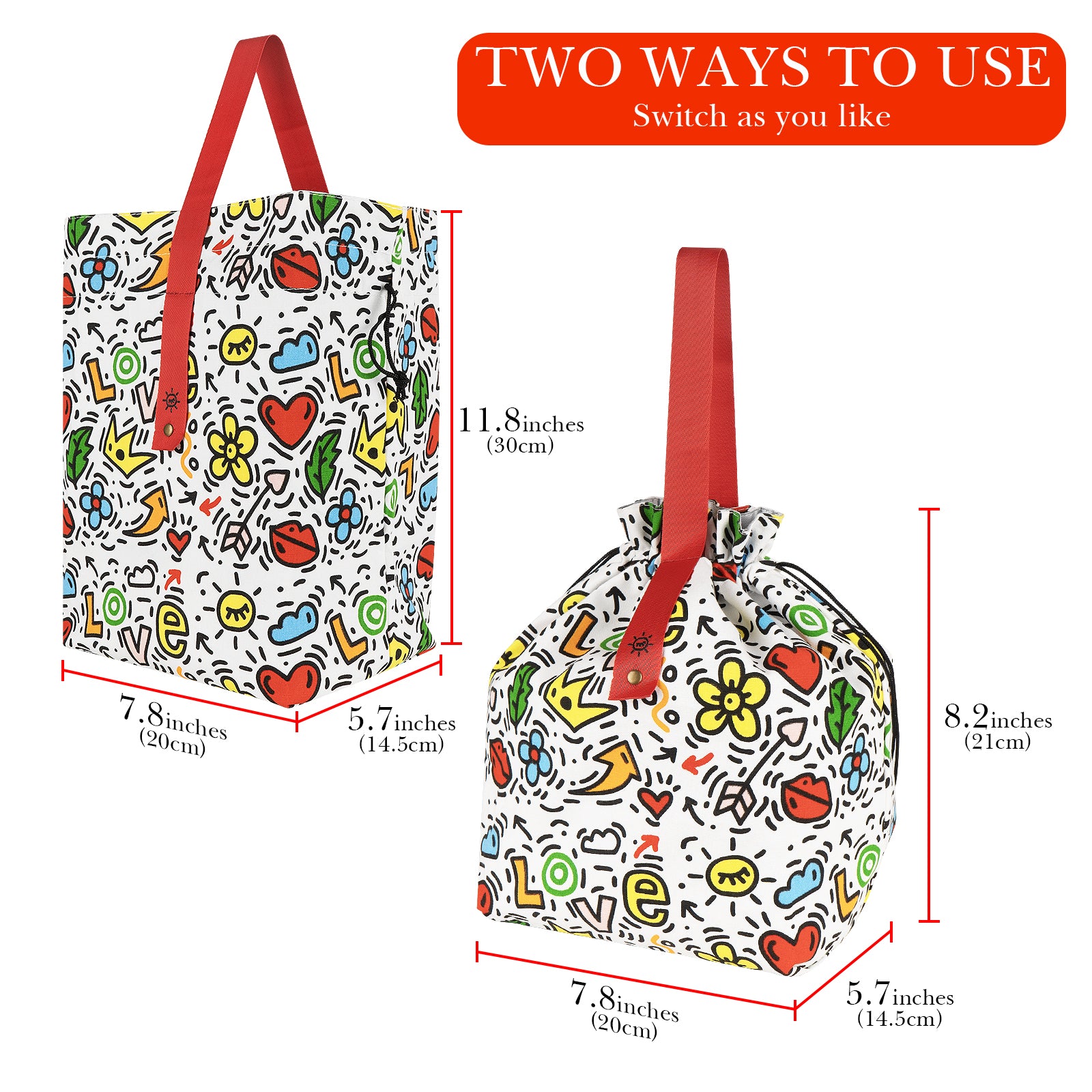 Linkidea Cute Lunch Bag, Drawstring Lunch Bag with Handle, Women Lunch Bags for Work Picnics Ourdoor Travel, Compatible with Bentogo, LunchBots, EasyLunchboxes (White)