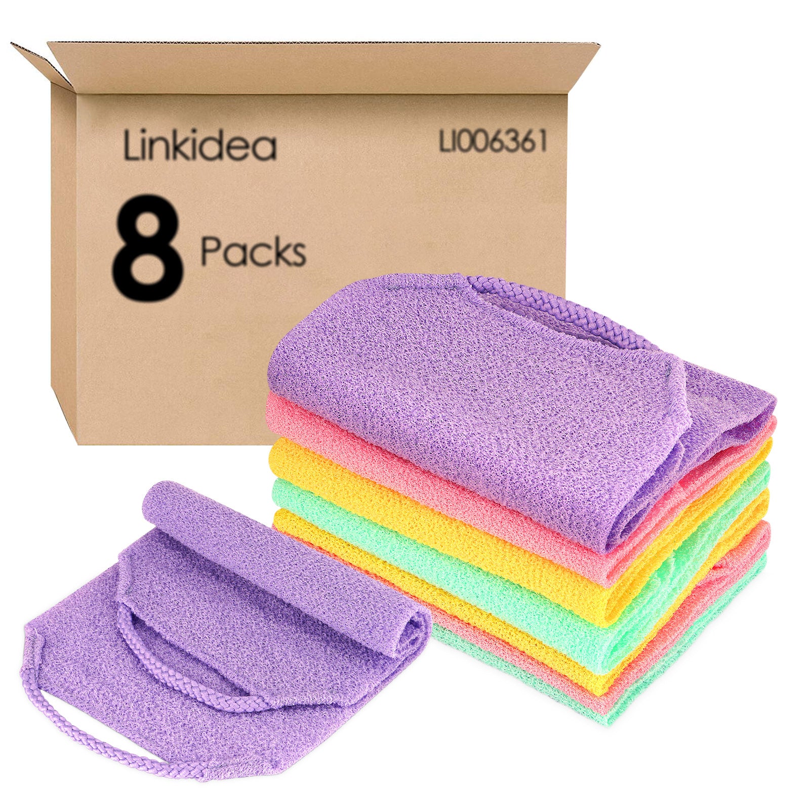 Linkidea 8 Pack Stretchable Pull Strap Exfoliating Towel Bulk Pack, Wholesale Multi-Pack Exfoliating Back Scrubber with Handles, Scrub Bath Washcloths, Deep Cleans Skin for Body Shower