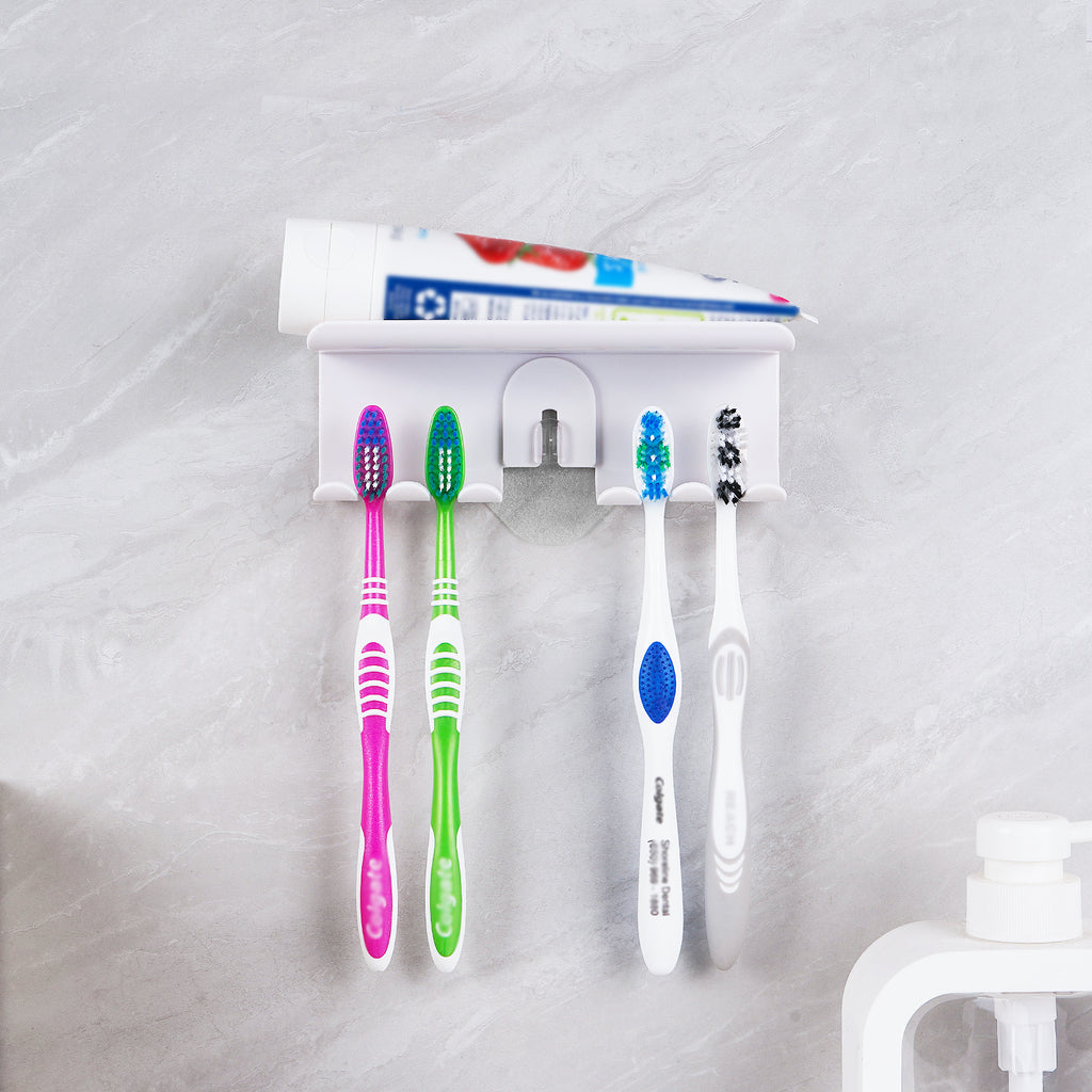 Linkidea 4 Slots Wallmount Toothbrush Holder for Bathroom, Plastic Self Adhesive Wall Mounted Tooth Brush Hanger Compatible with Colgate Extra Clean, Renewal, Oral-B CrossAction (White)