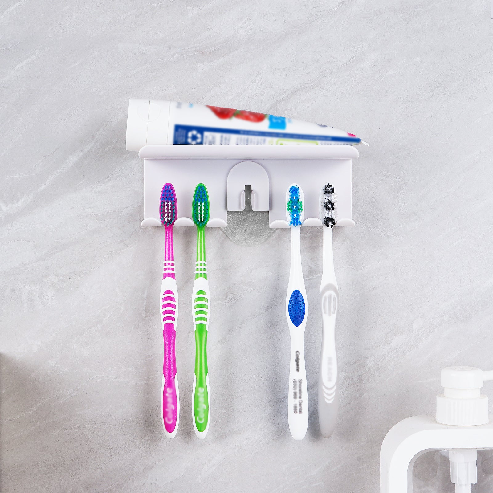 Linkidea 4 Slots Wallmount Toothbrush Holder for Bathroom, Plastic Self Adhesive Wall Mounted Tooth Brush Hanger Compatible with Colgate Extra Clean, Renewal, Oral-B CrossAction (White)
