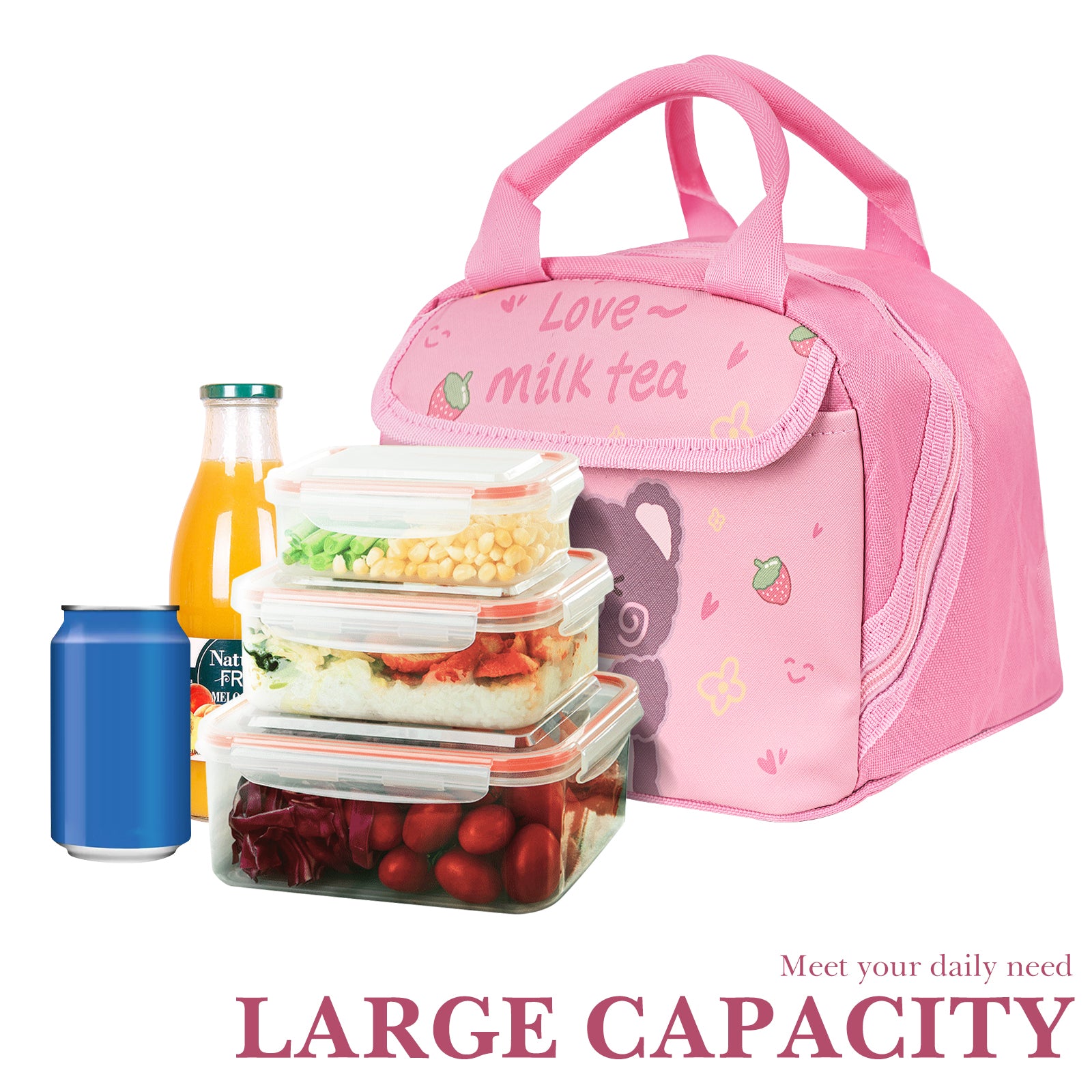 Linkidea Lunch Bag, Large Capacity Lunch Tote Bag with Hand Strap, Reusable Lunch Box Bag for Picnic, Outdoor, Compatible with B.Box, Sunhanny, Pedeco, QQKO, Xgxn Lunch Box (Pink)