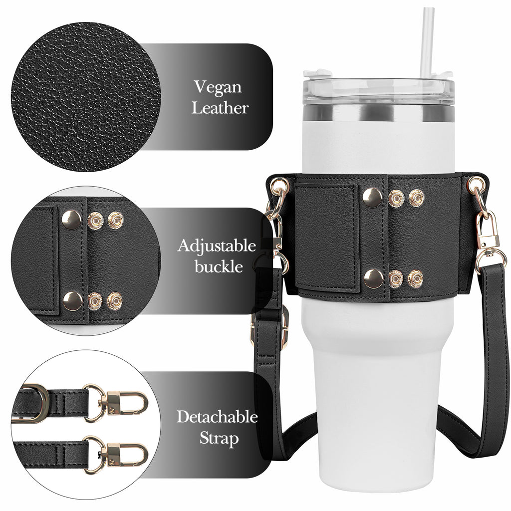 Linkidea Water Bottle Holder with Strap Compatible with Stanley Quencher H2.0 30oz/40oz, Simple Modern 40oz Tumbler, Vegan Leather Waterbottle Bag Holder, Shoulder Strap with Keyring, Black
