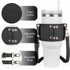 Linkidea Water Bottle Holder with Strap Compatible with Stanley Quencher H2.0 30oz/40oz, Simple Modern 40oz Tumbler, Vegan Leather Waterbottle Bag Holder, Shoulder Strap with Keyring, Black