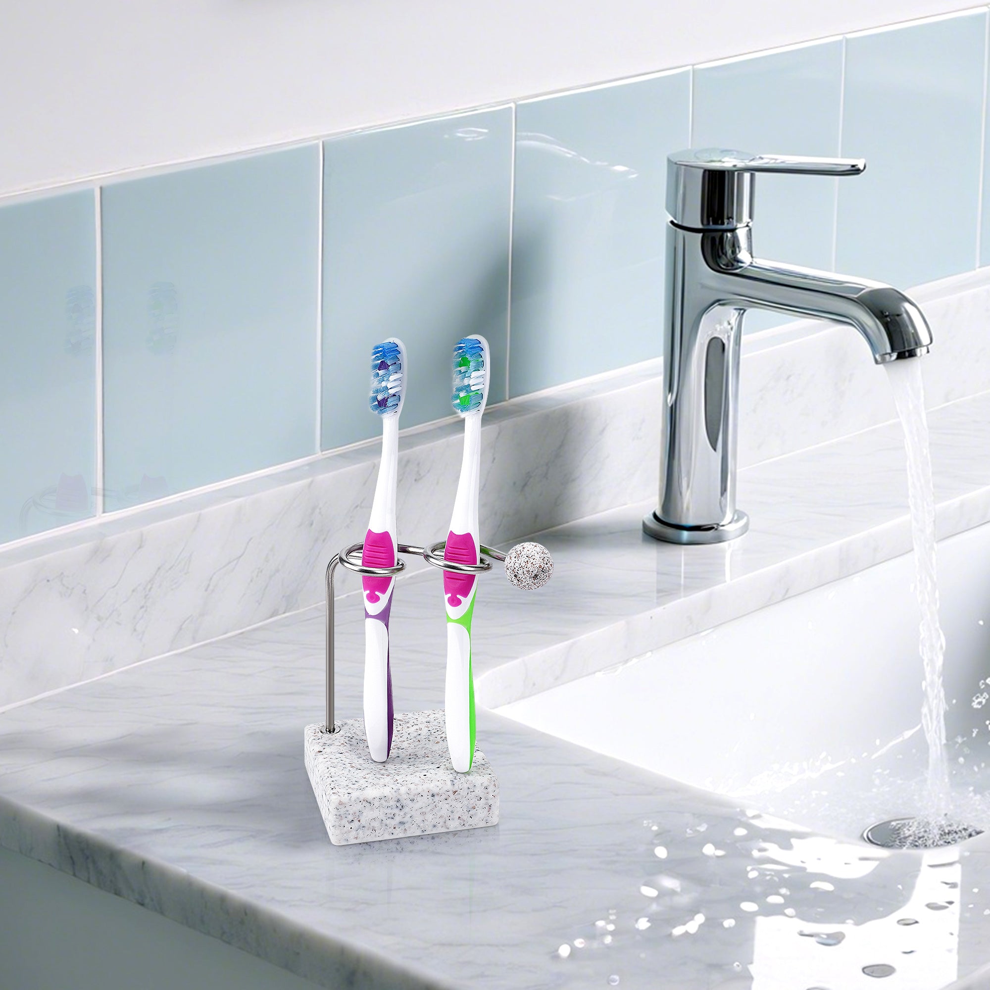 Linkidea Countertop Toothbrush Stand Minimalist for Bathroom, Resin Vanity 2 Slots Organizer Compatible with Oral-B CrossAction, Colgate Extra Clean, Reach Essentials Toothbrush